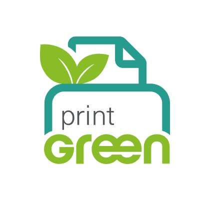 Icon with a paper and two green leaves symbolizing eco-friendly printing, with the text 'print green'.