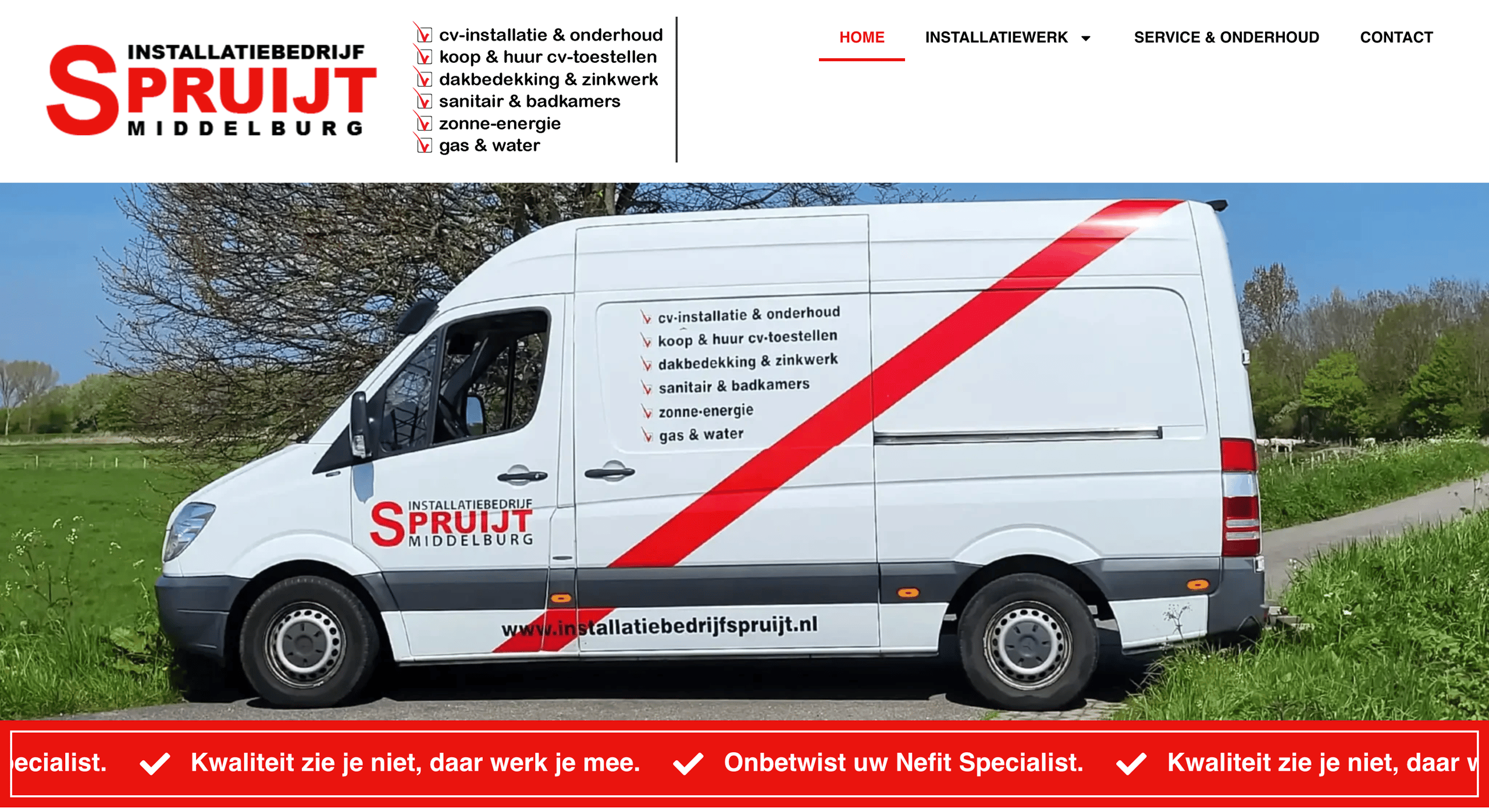 White van with red diagonal stripe and text listing installation services including heating, roofing, sanitation, solar energy, and water, parked on a rural road with greenery and trees.