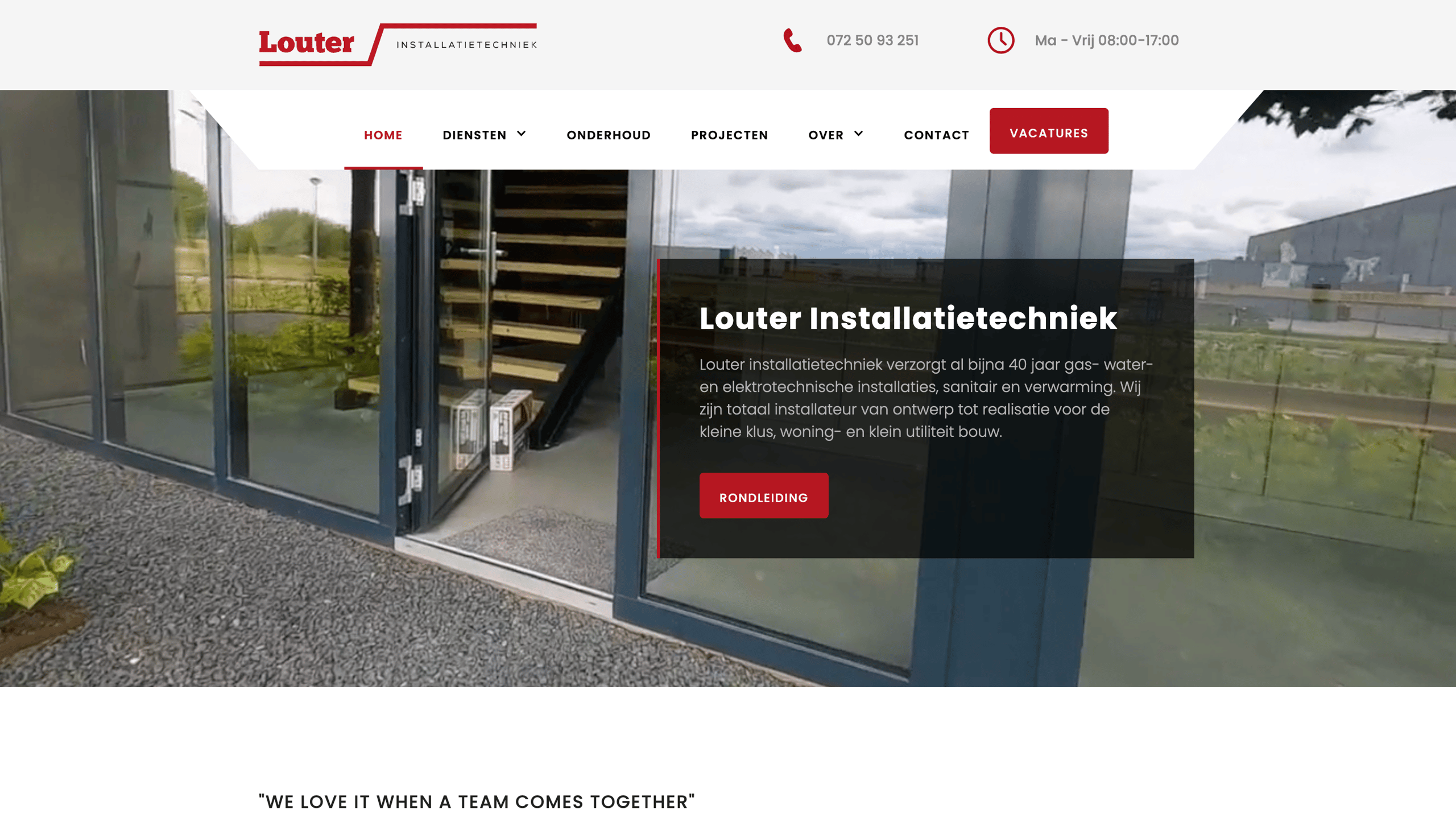Entrance with glass doors showing interior stairs and a dark overlay panel with white text about Louter Installatietechniek services.