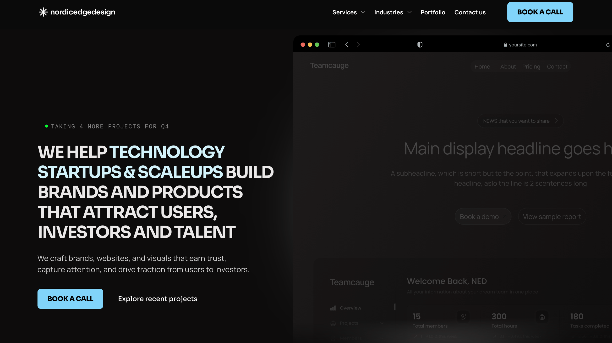 Nordicedgedesign website homepage with a black background, highlighting services for technology startups and scaleups, and a call-to-action button labeled Book a Call.