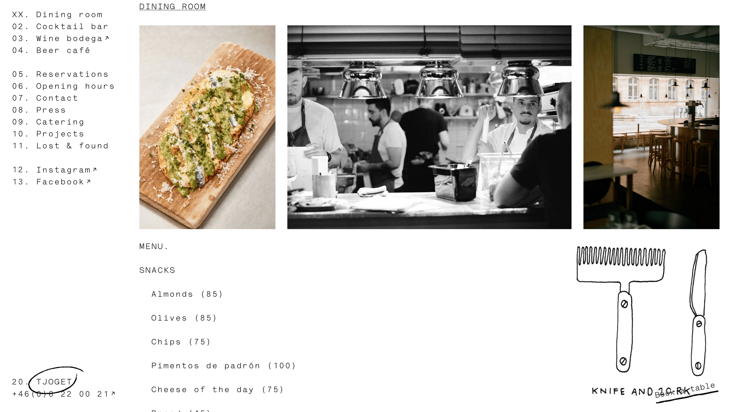 Dining room menu layout with photos of a dish on a wooden board, chefs working in a kitchen, and an empty restaurant seating area, alongside a snack list and hand-drawn knife and comb illustrations.