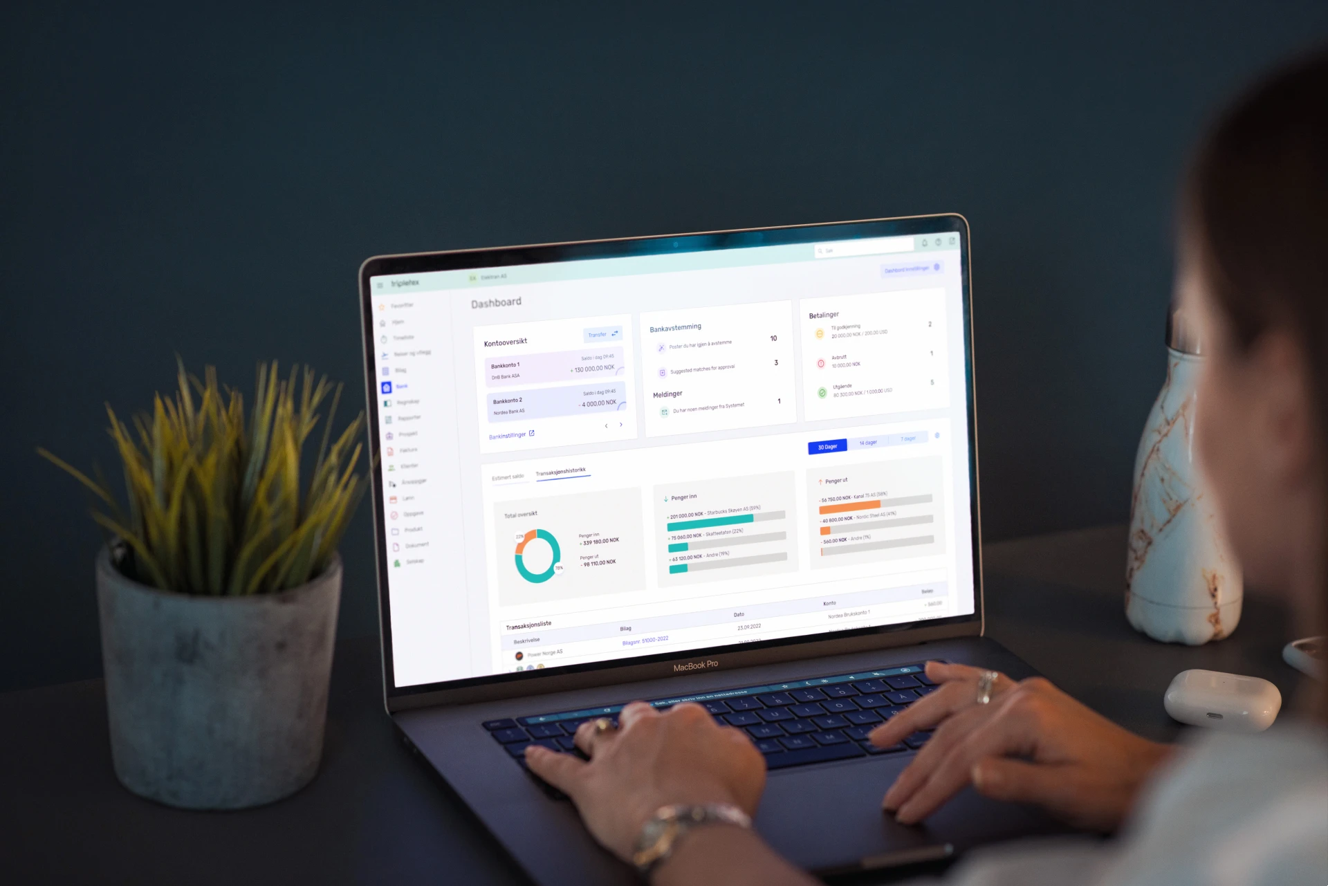 Tripletex-dashboard med bankavstemming og betalinger