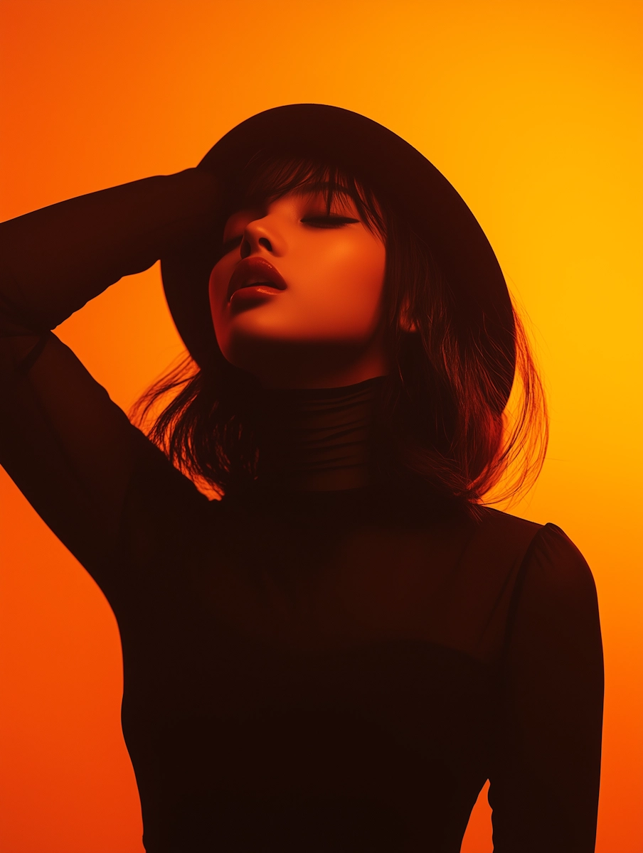 Portrait of a woman in a black hat and sheer black top against an orange background with eyes closed and head tilted back.