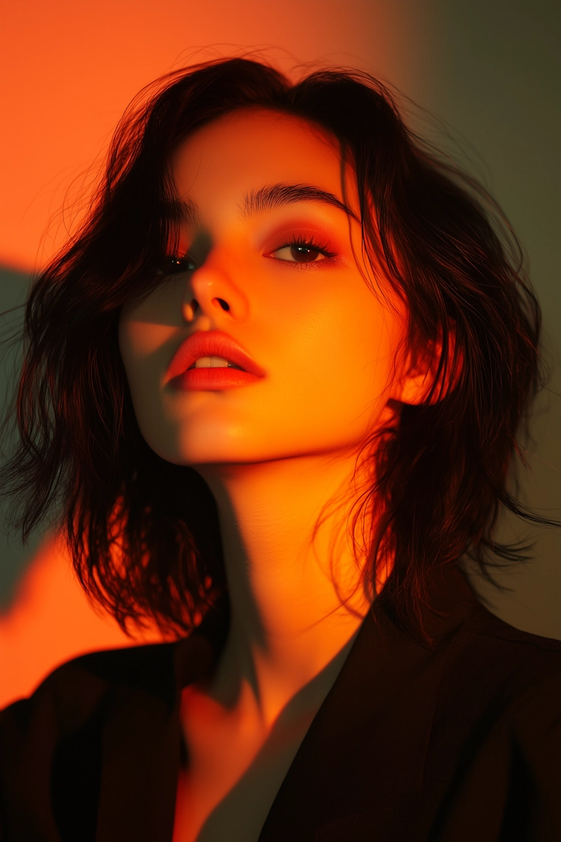Close-up portrait of a woman with short dark hair lit by vibrant orange light, wearing a dark jacket.