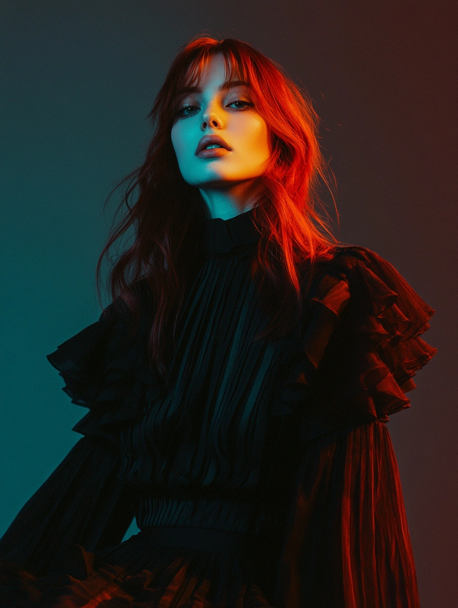 Portrait of a red-haired woman in a black pleated dress with ruffled sleeves, lit with dramatic red and blue lighting.