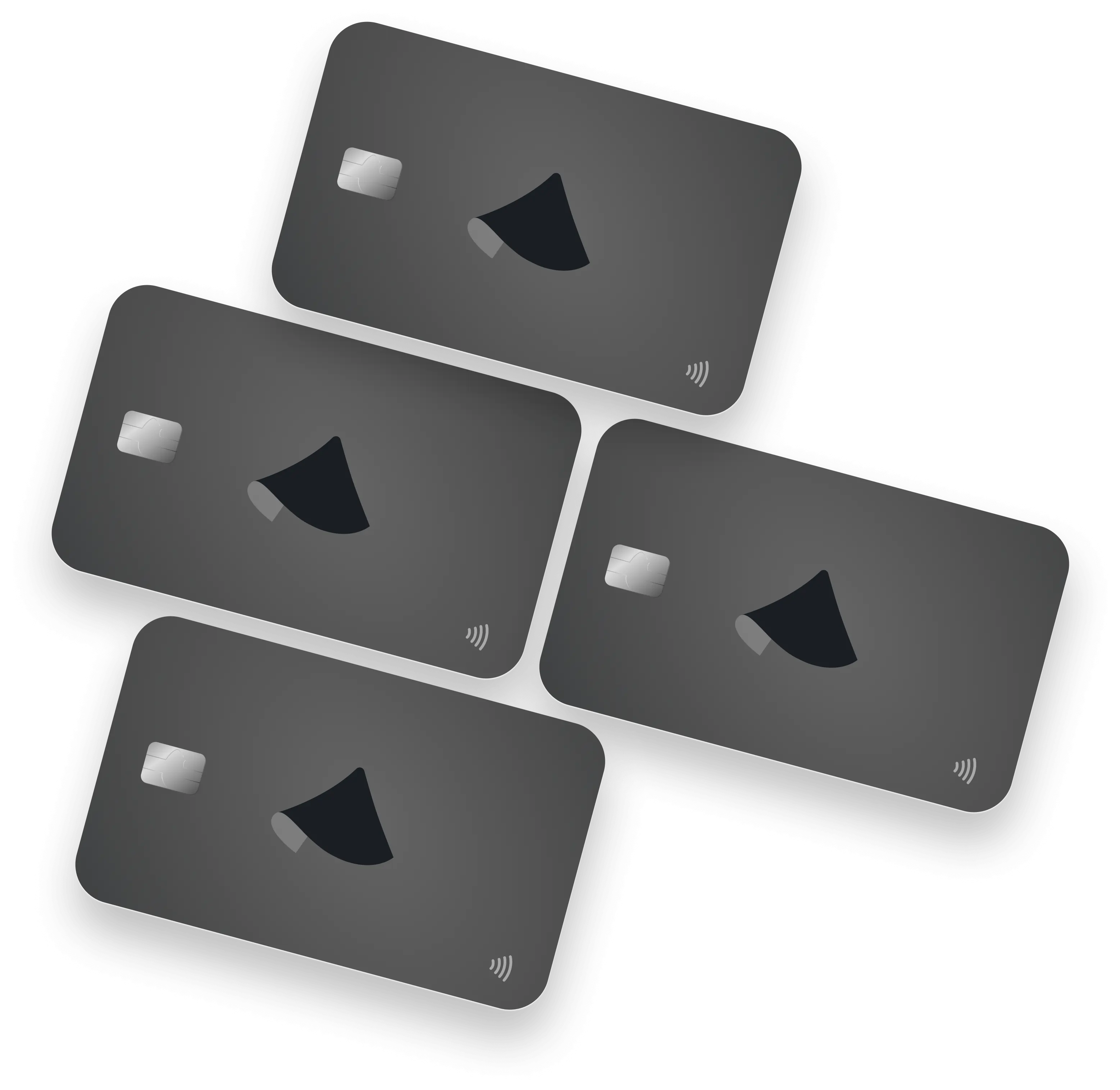 Four black credit cards with a chip and a contactless payment symbol arranged overlapping on a black background.