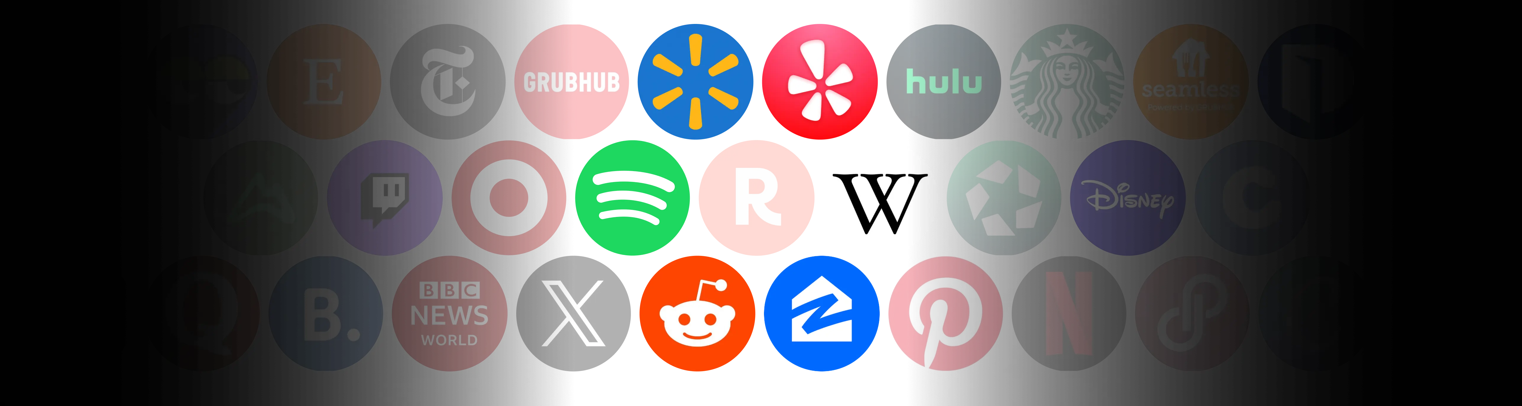 Grid of 20 popular app and website logos including Grubhub, Walmart, Yelp, Hulu, Starbucks, Seamless, Twitch, Target, Spotify, Reddit, Wikipedia, Disney, BBC News, X, Zillow, Pinterest, and Netflix.