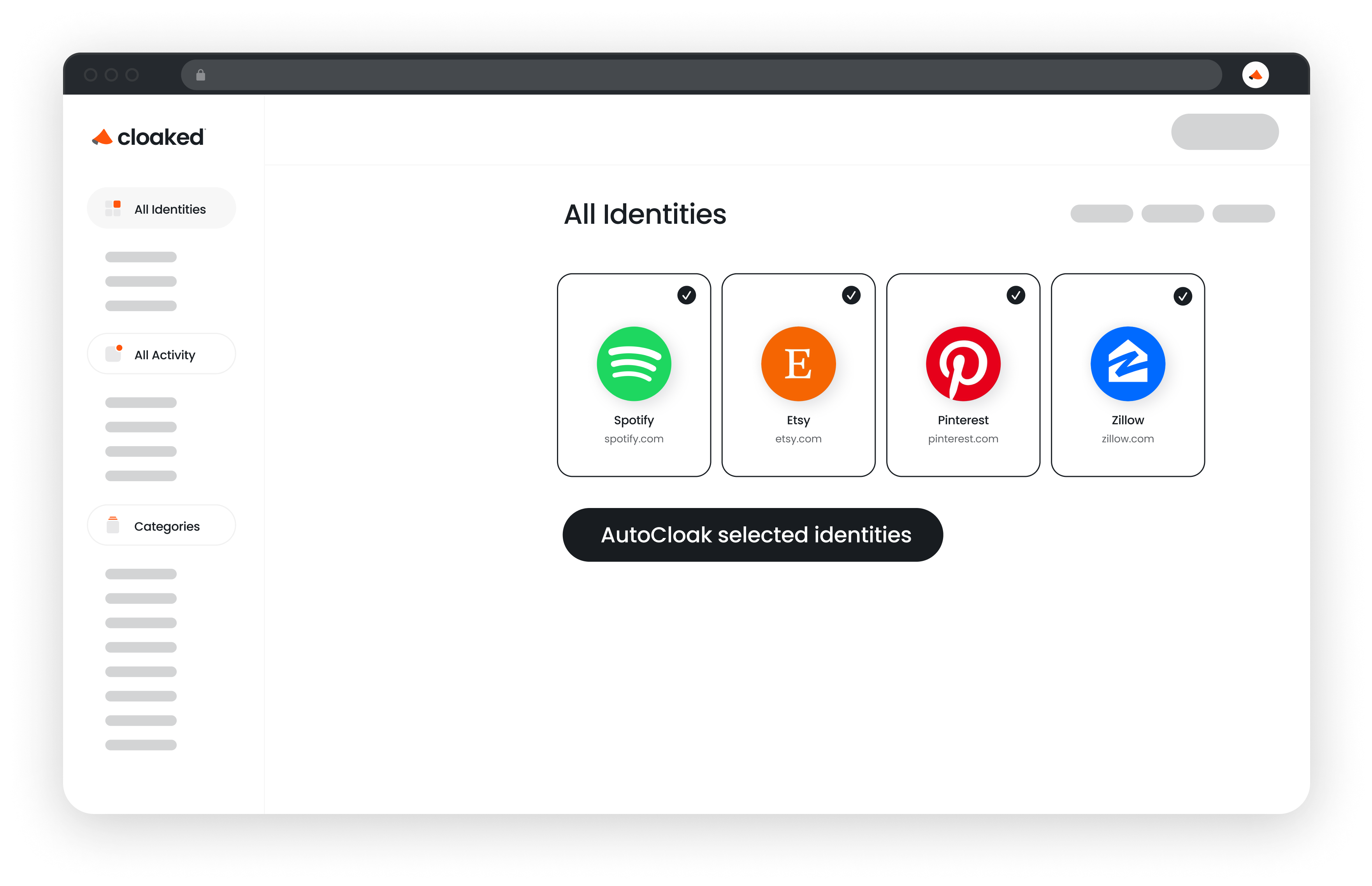 Web interface displaying selected identities Spotify, Etsy, Pinterest, and Zillow with a button labeled AutoCloak selected identities.