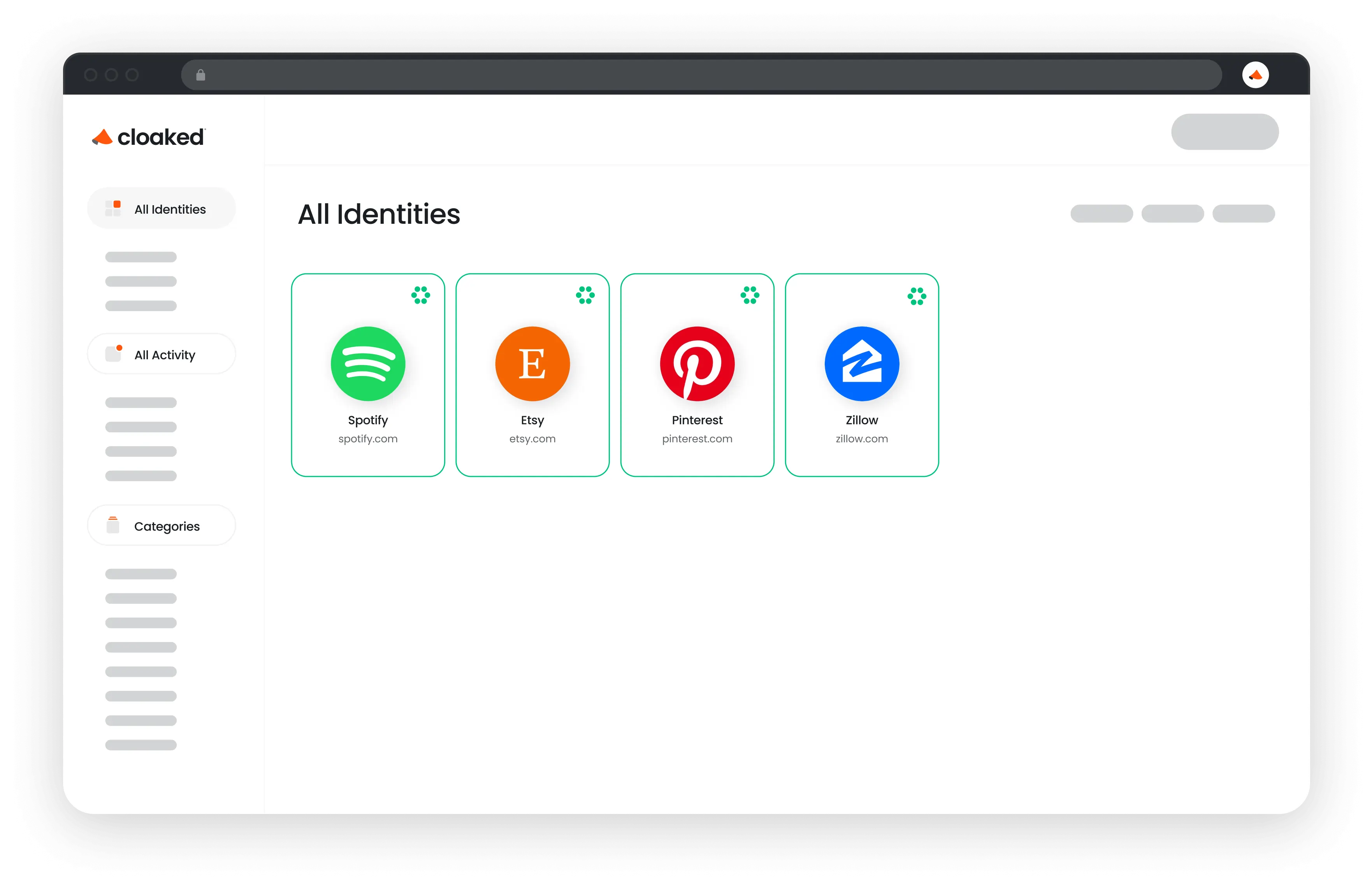 Web interface showing four identity cards for Spotify, Etsy, Pinterest, and Zillow under 'All Identities' section.