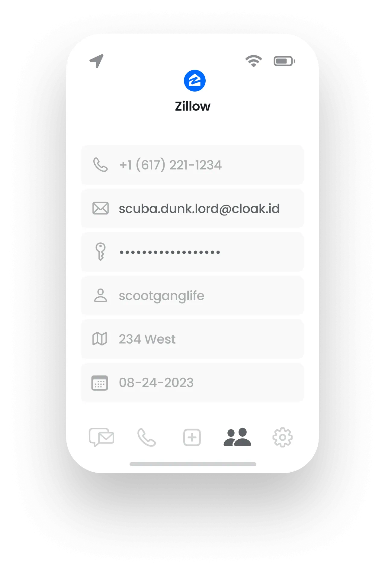Zillow app screen showing user details: phone number, email scuba.dunk.lord@cloak.id, obscured password, username scootganglife, address 234 West, and date 08-24-2023.