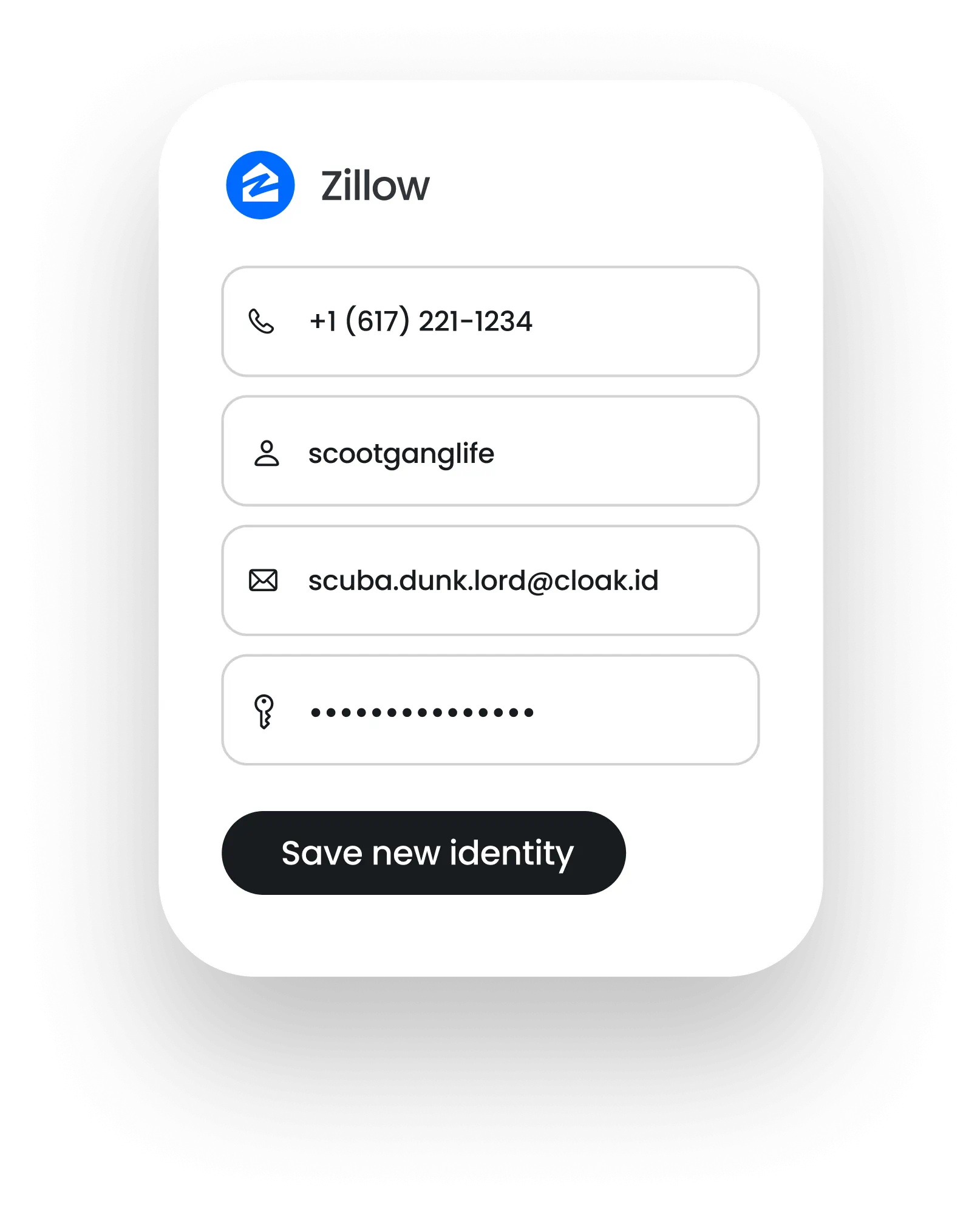 Zillow form with phone number, username scootganglife, email scuba.dunk.lord@cloak.id, password entry, and Save new identity button.