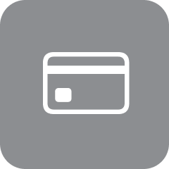 White credit card icon on a gray rounded square background.