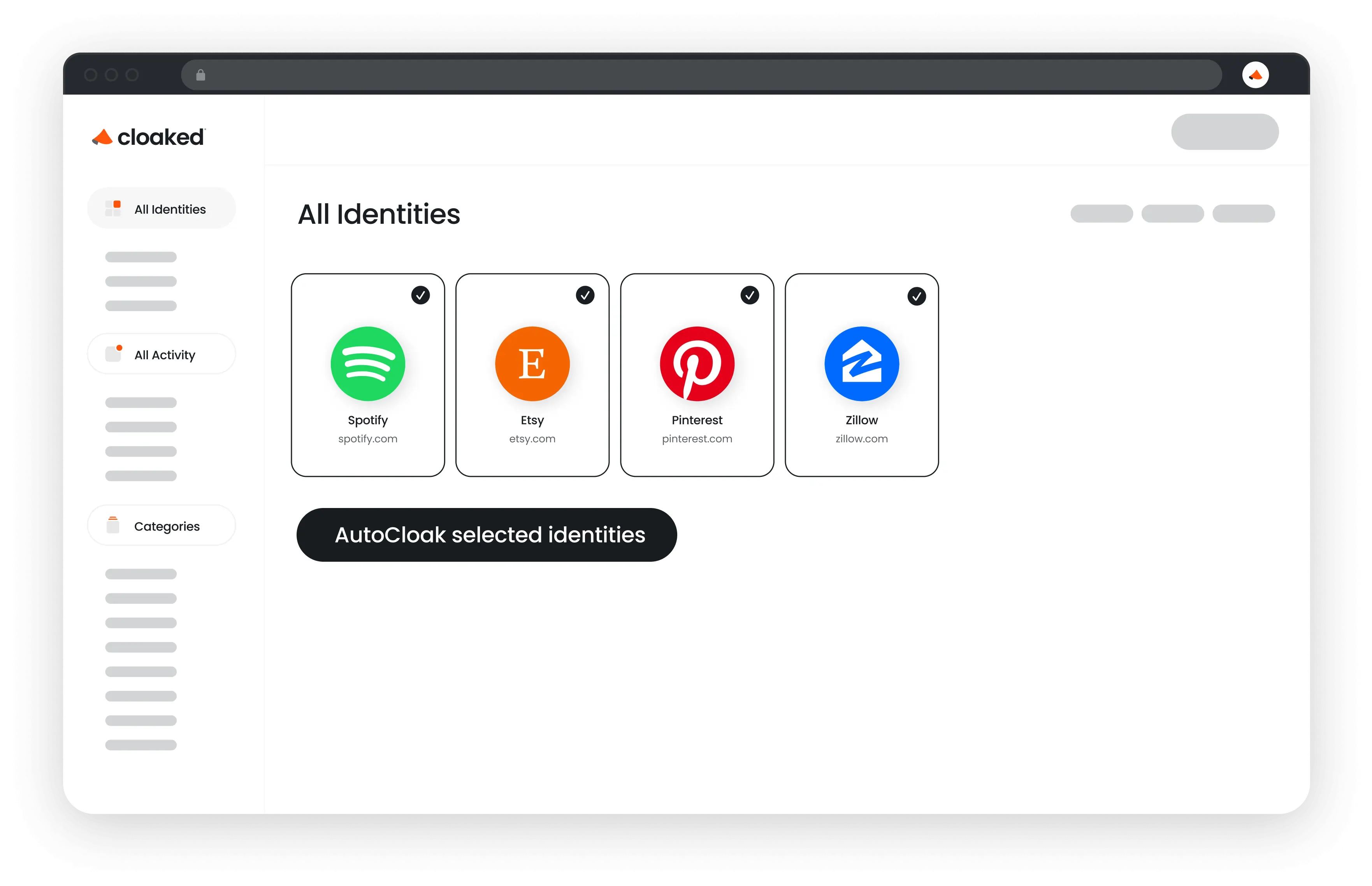 Dashboard showing selected identities for Spotify, Etsy, Pinterest, and Zillow with checkmarks.
