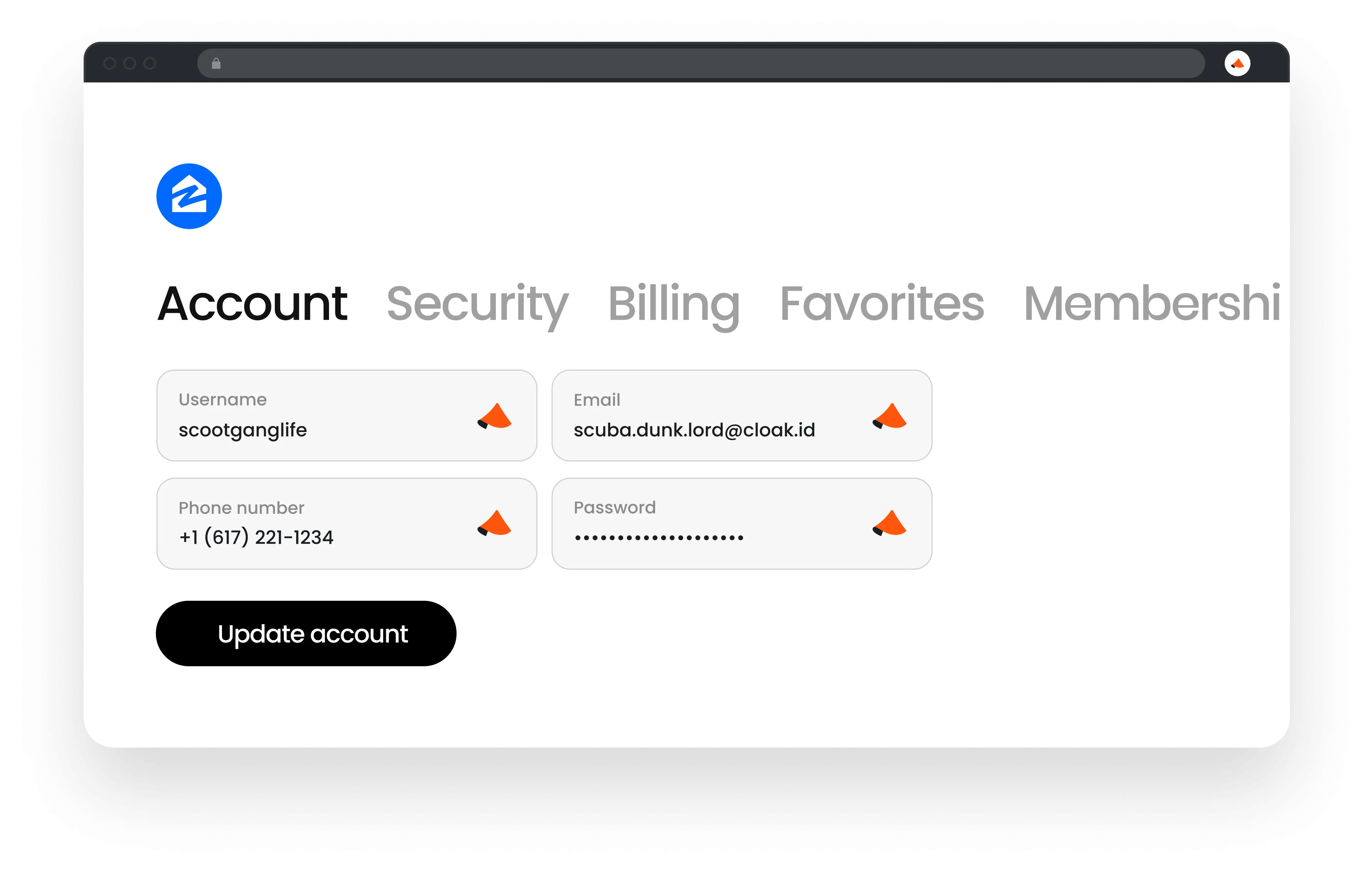 Account settings page with fields for username scootganglife, email scuba.dunk.lord@cloak.id, phone number +1 (617) 221-1234, and password obscured, plus an Update account button.