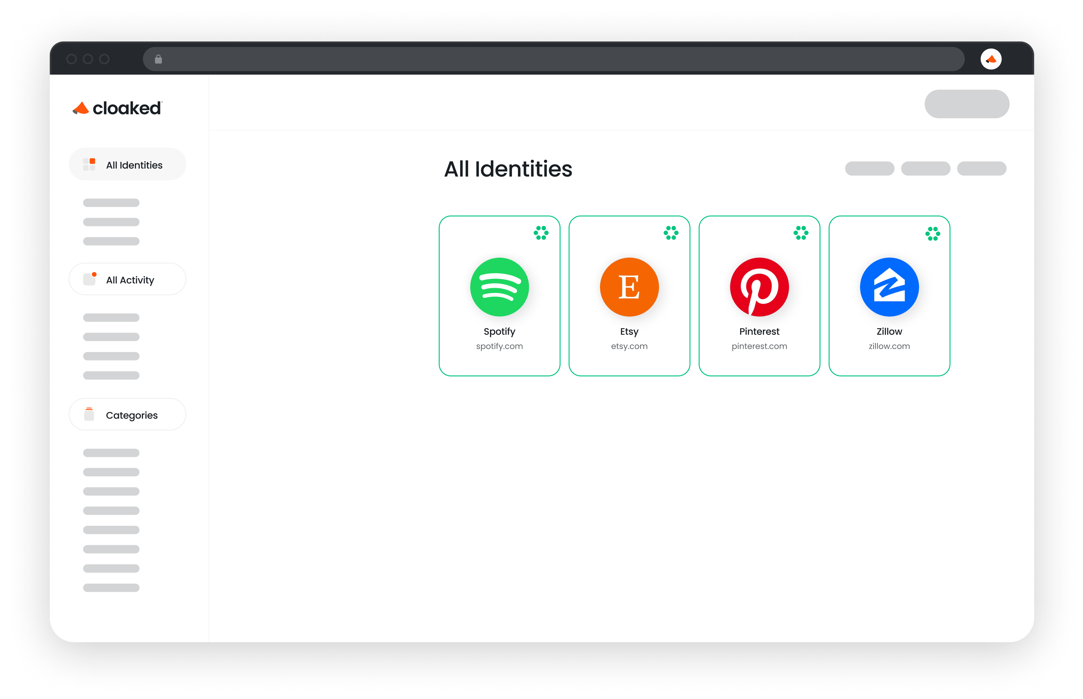 Web interface showing All Identities with icons and names for Spotify, Etsy, Pinterest, and Zillow websites.