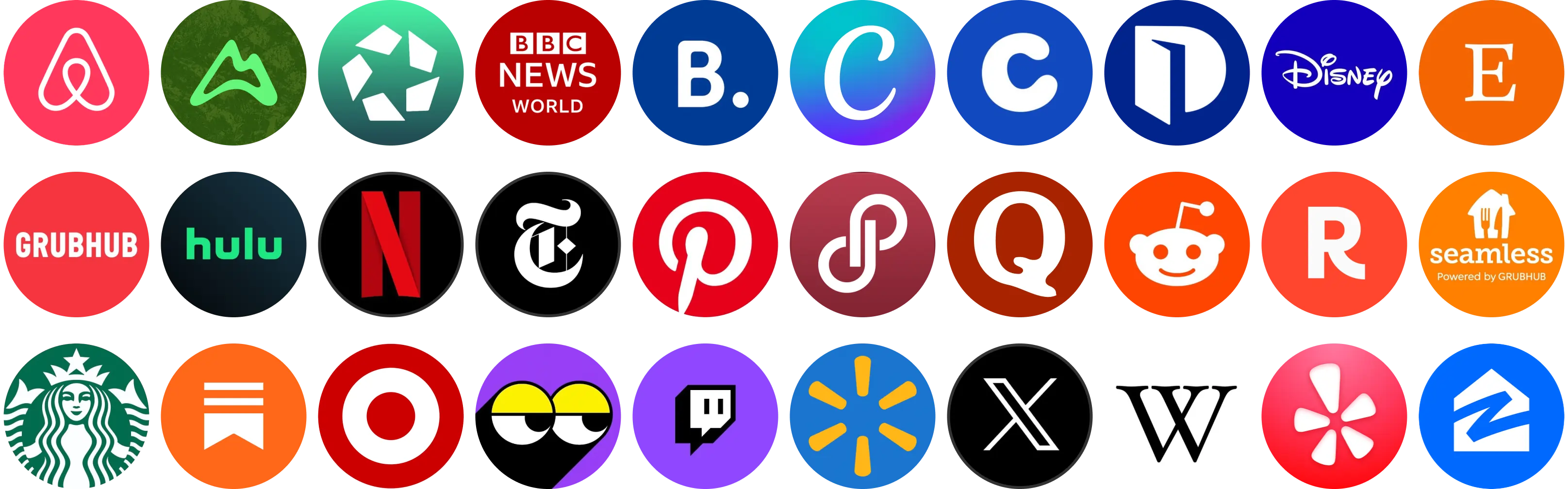Grid of 30 circular icons representing popular brands including Airbnb, BBC News World, Disney, Netflix, Pinterest, Reddit, Starbucks, Target, Twitch, Walmart, X, Wikipedia, Yelp, and Zillow.