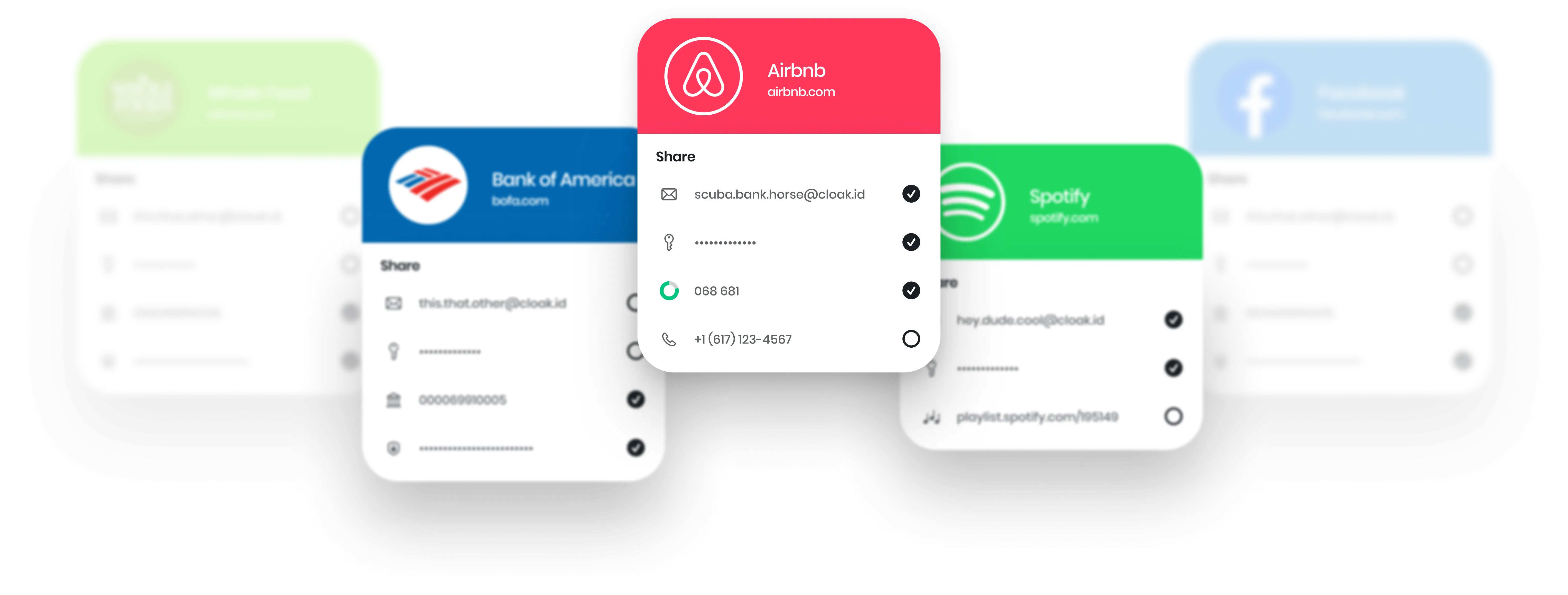 Five digital cards for Airbnb, Bank of America, Spotify, Facebook, and Whole Foods showing partially blurred contact and sharing details.