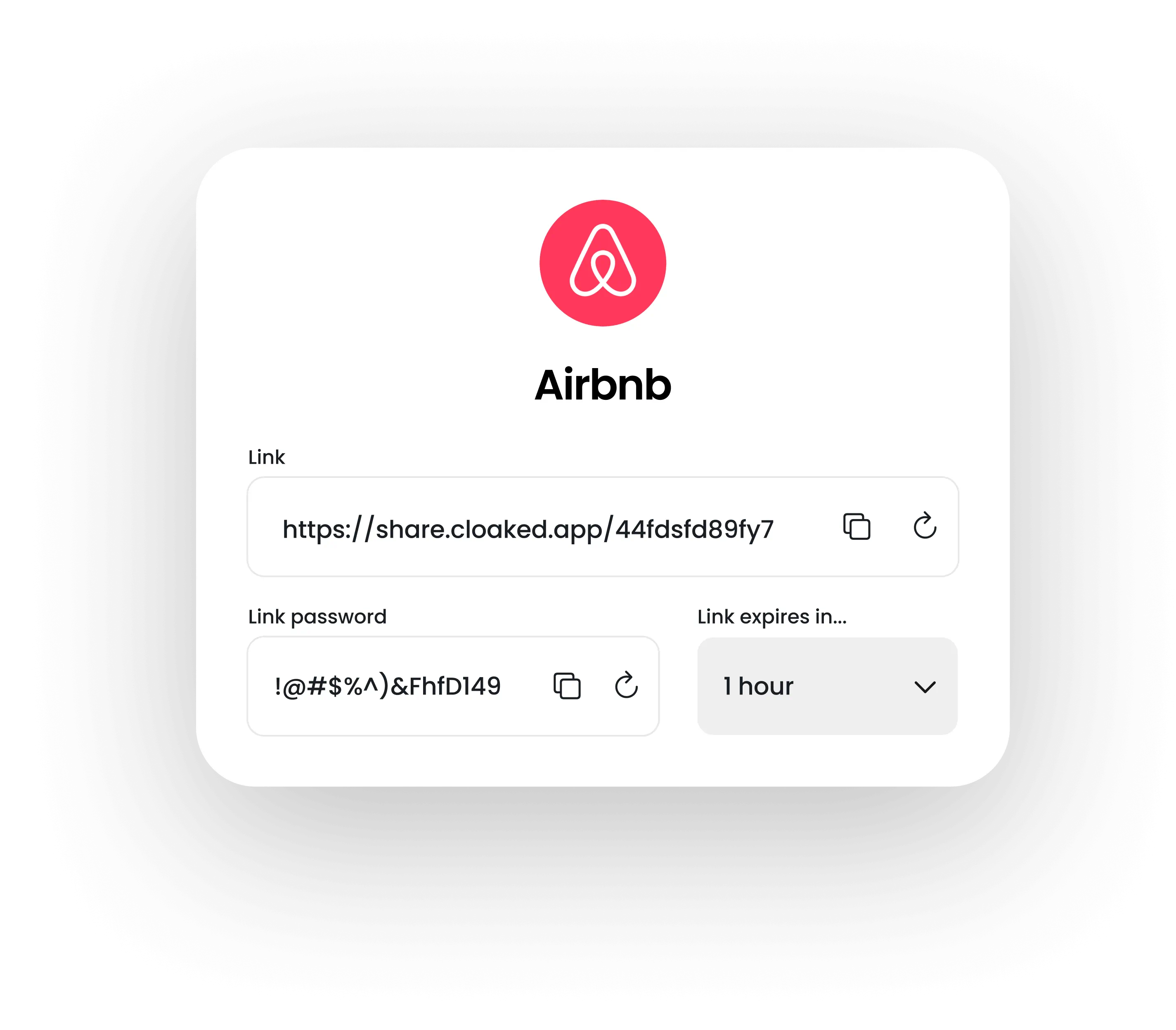 Airbnb branded modal showing a shareable link, password, and link expiration set to 1 hour.