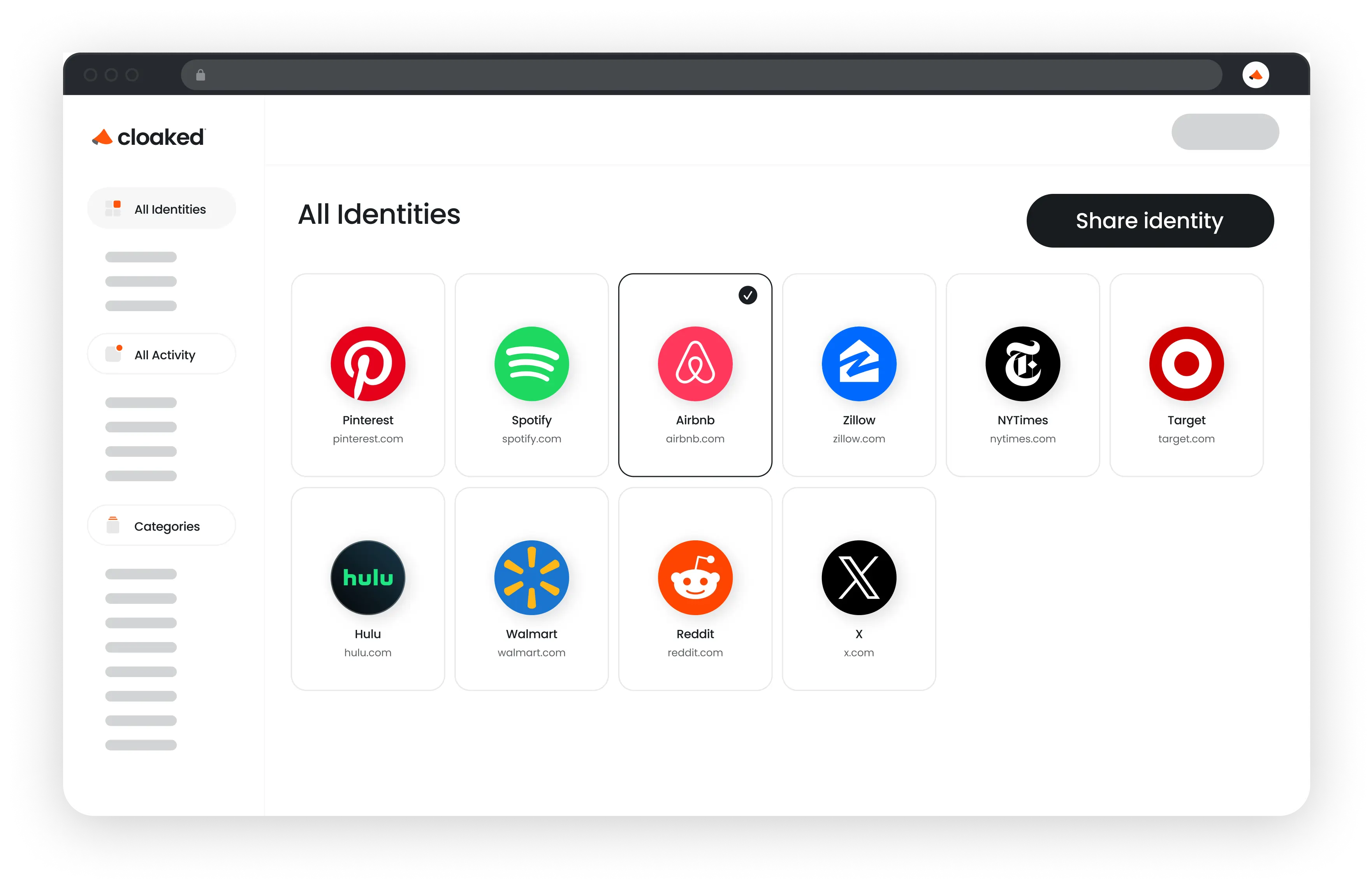 Webpage interface showing logos and names of various online identities including Pinterest, Spotify, Airbnb, Zillow, NYTimes, Target, Hulu, Walmart, Reddit, and X, with Airbnb selected.
