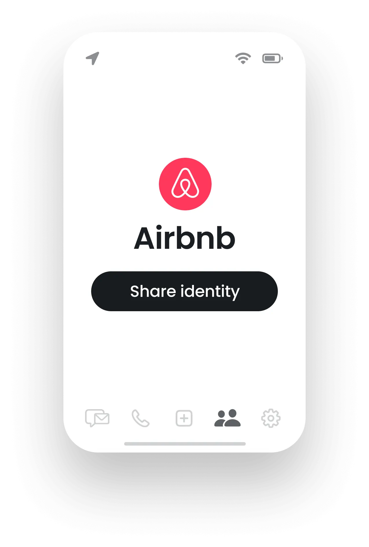 Mobile screen displaying Airbnb logo with a centered button labeled 'Share identity' and navigation icons at the bottom.
