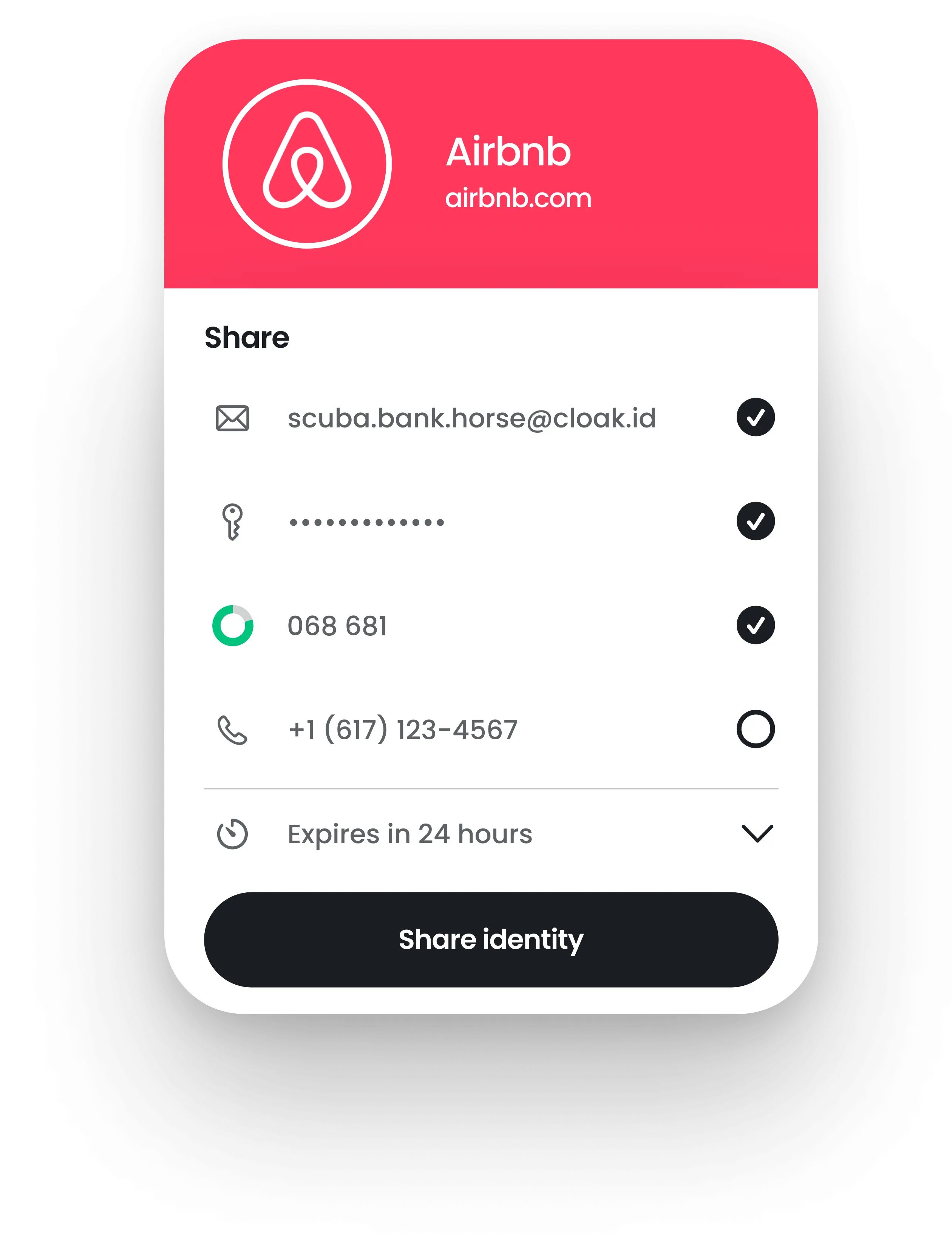 Airbnb identity sharing interface showing an email, a password, a verification code, and a phone number with options to share and expiration in 24 hours.