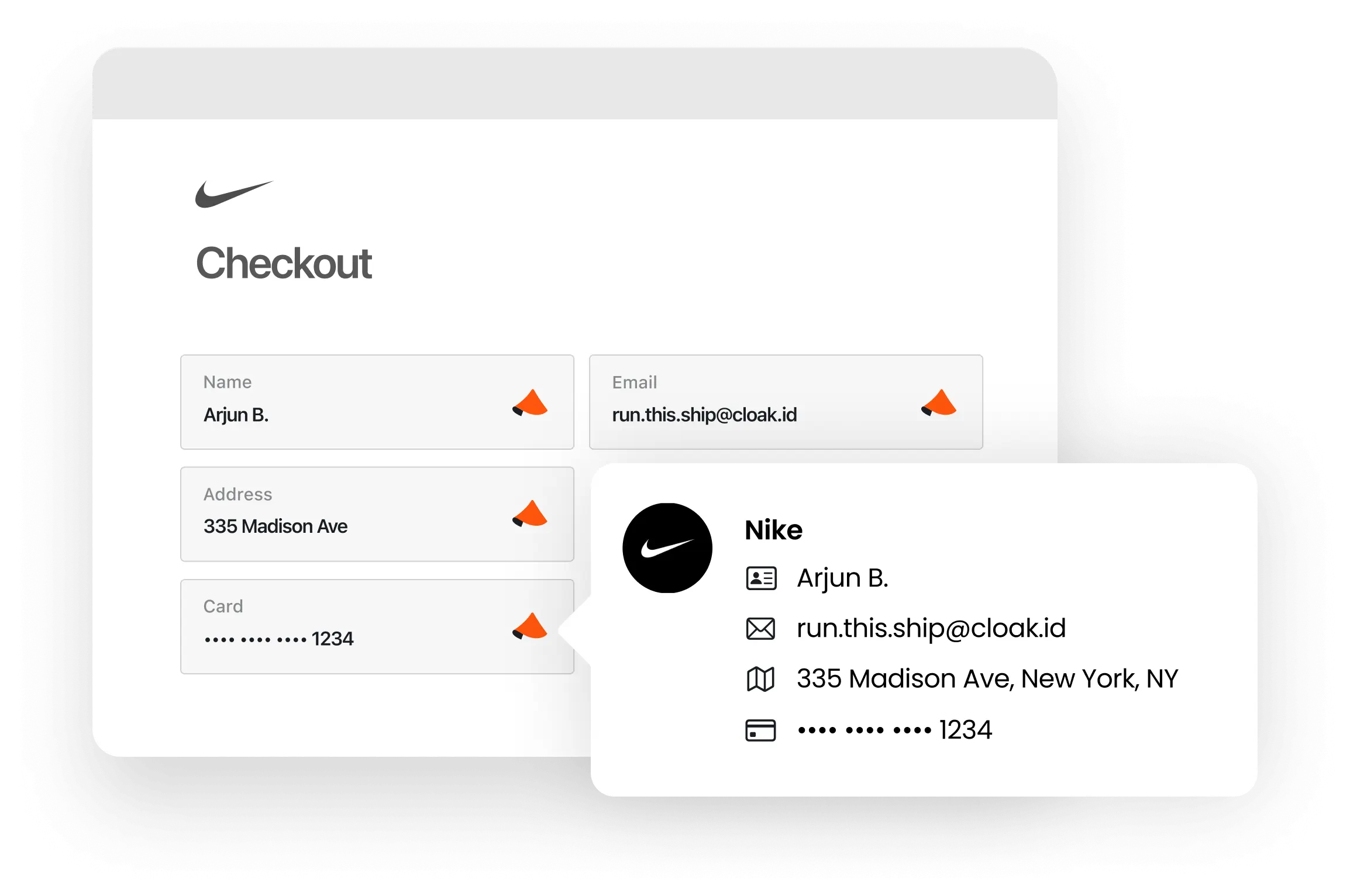 Nike checkout page showing form fields with name Arjun B., email run.this.ship@cloak.id, address 335 Madison Ave, and card ending 1234, with a summary popup displaying the same details.