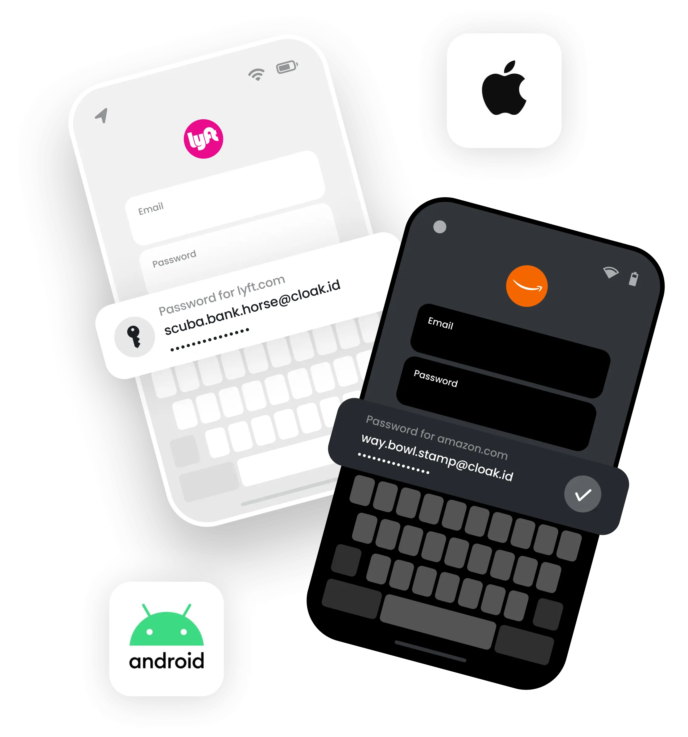 Two smartphones displaying login screens for Lyft and Amazon, each showing autofilled passwords with email-style usernames, alongside Apple and Android logos.
