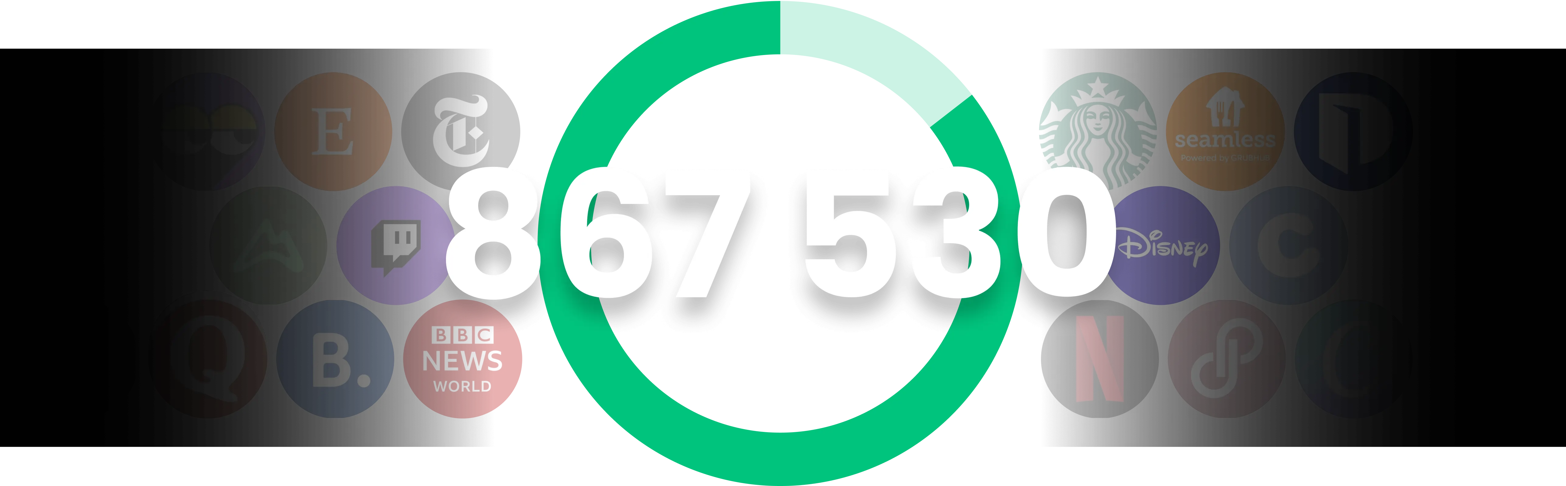 White numbers 867/530 in bold font centered inside a green circle on a black background with faded app and media logos behind.