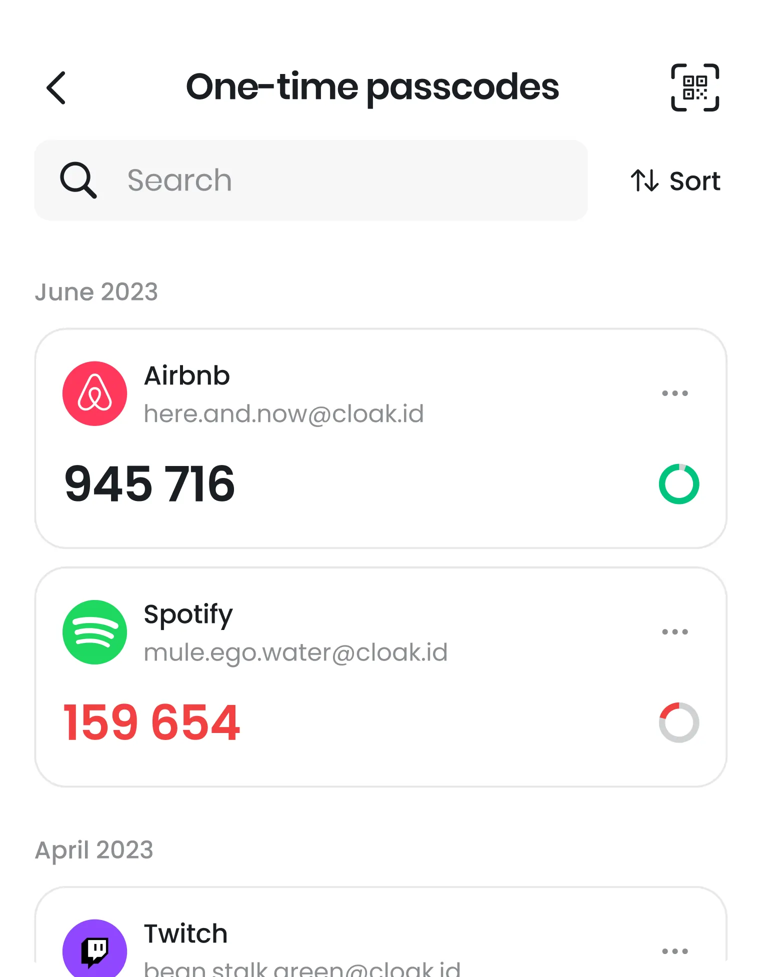 Mobile app screen showing one-time passcodes for Airbnb and Spotify accounts with email addresses and expiring timer icons.