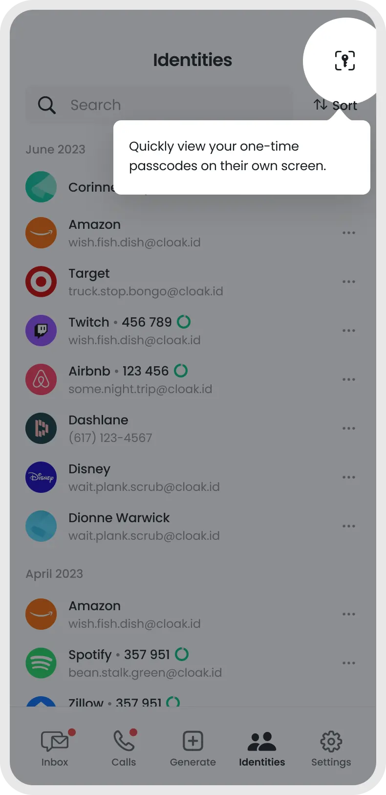 Mobile app screen labeled Identities showing a list of accounts with associated emails and one-time passcodes, including Amazon, Target, Twitch, Airbnb, Dashlane, Disney, Dionne Warwick, Spotify, and Zillow, with a tooltip stating 'Quickly view your one-time passcodes on their own screen.'