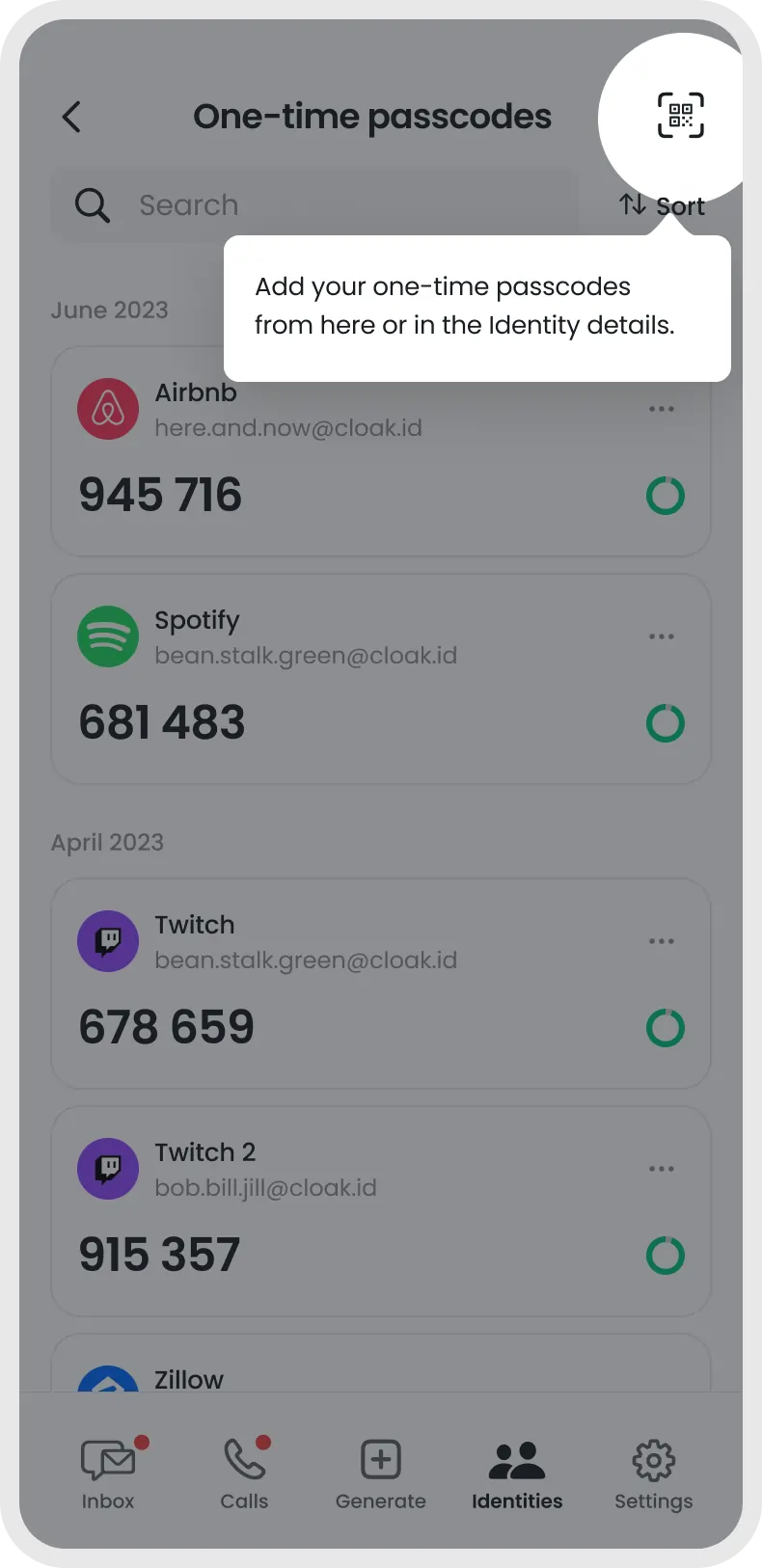 Mobile app screen showing one-time passcodes list for Airbnb, Spotify, Twitch, and Twitch 2 accounts with associated emails and numeric codes.