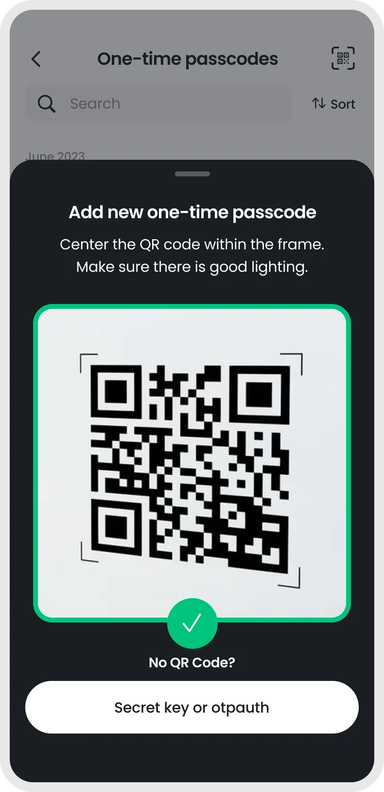 Mobile app screen prompting to add a new one-time passcode by centering a QR code in the frame, with instructions and a button for secret key or otpauth option.