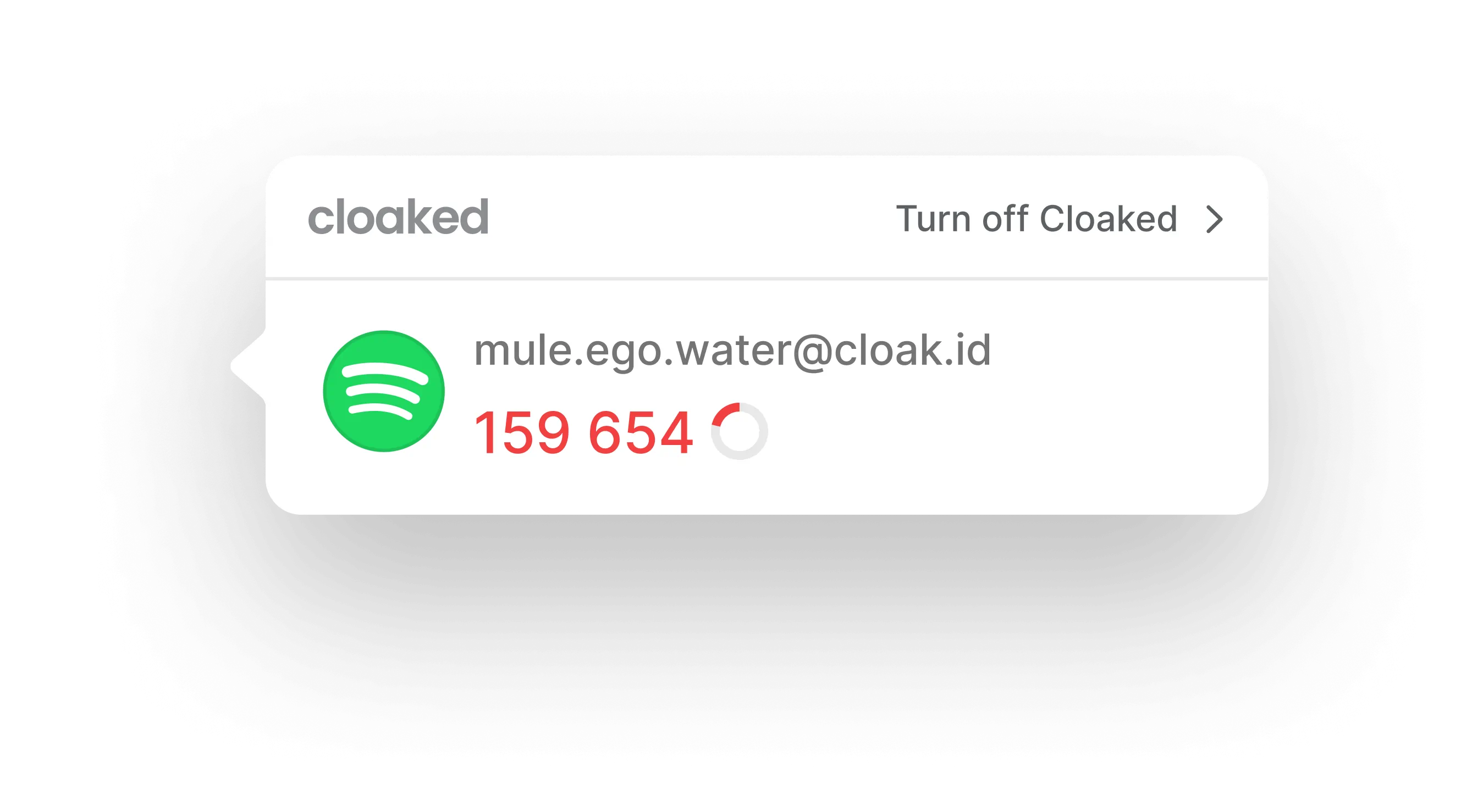 Two-factor authentication code 159 654 for mule.ego.water@cloak.id with Spotify icon on white Cloaked app interface.
