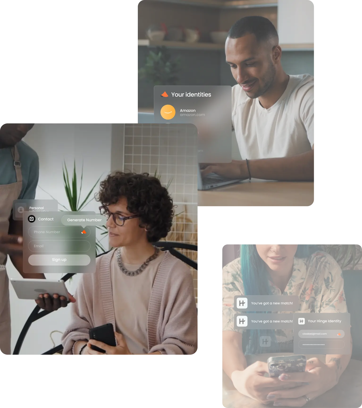 Composite image showing diverse people interacting with digital identity and communication interfaces on various devices.