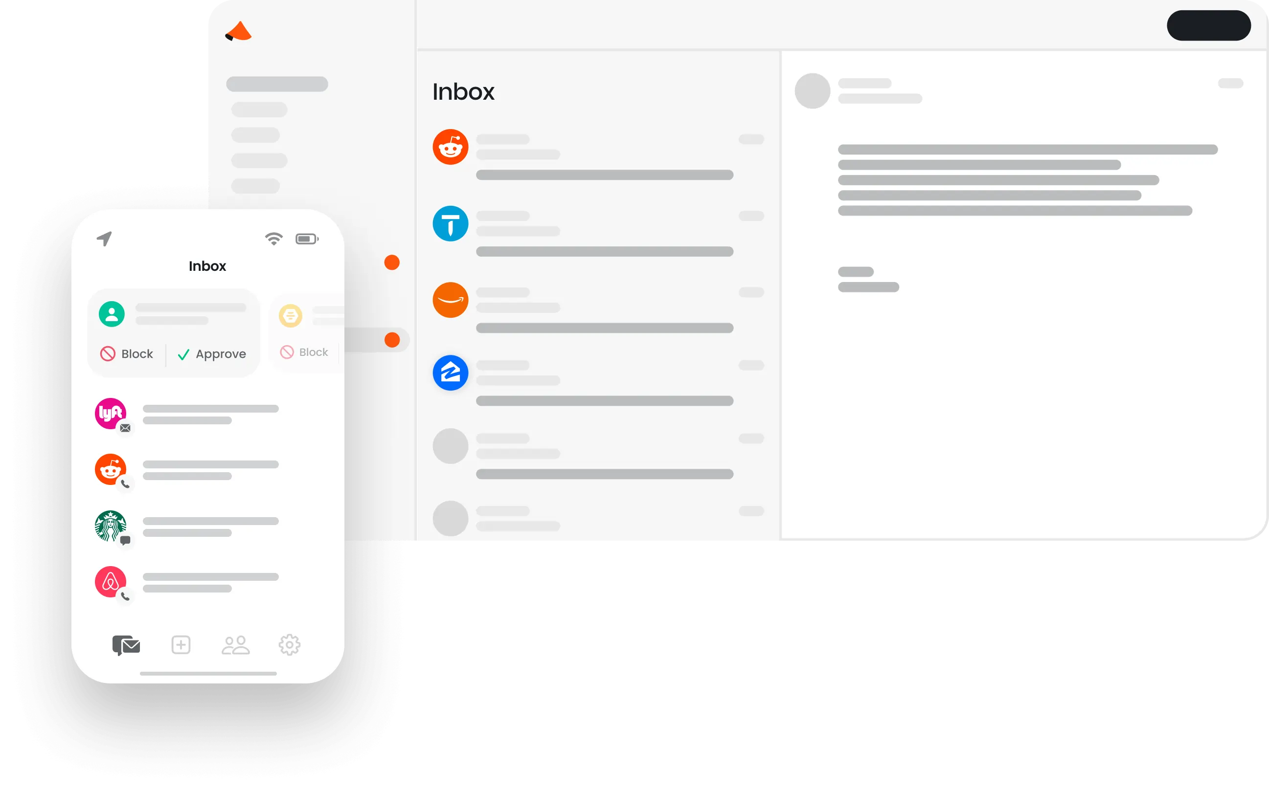 Mobile and desktop inbox interfaces showing message lists with app logos, and options to block or approve senders.