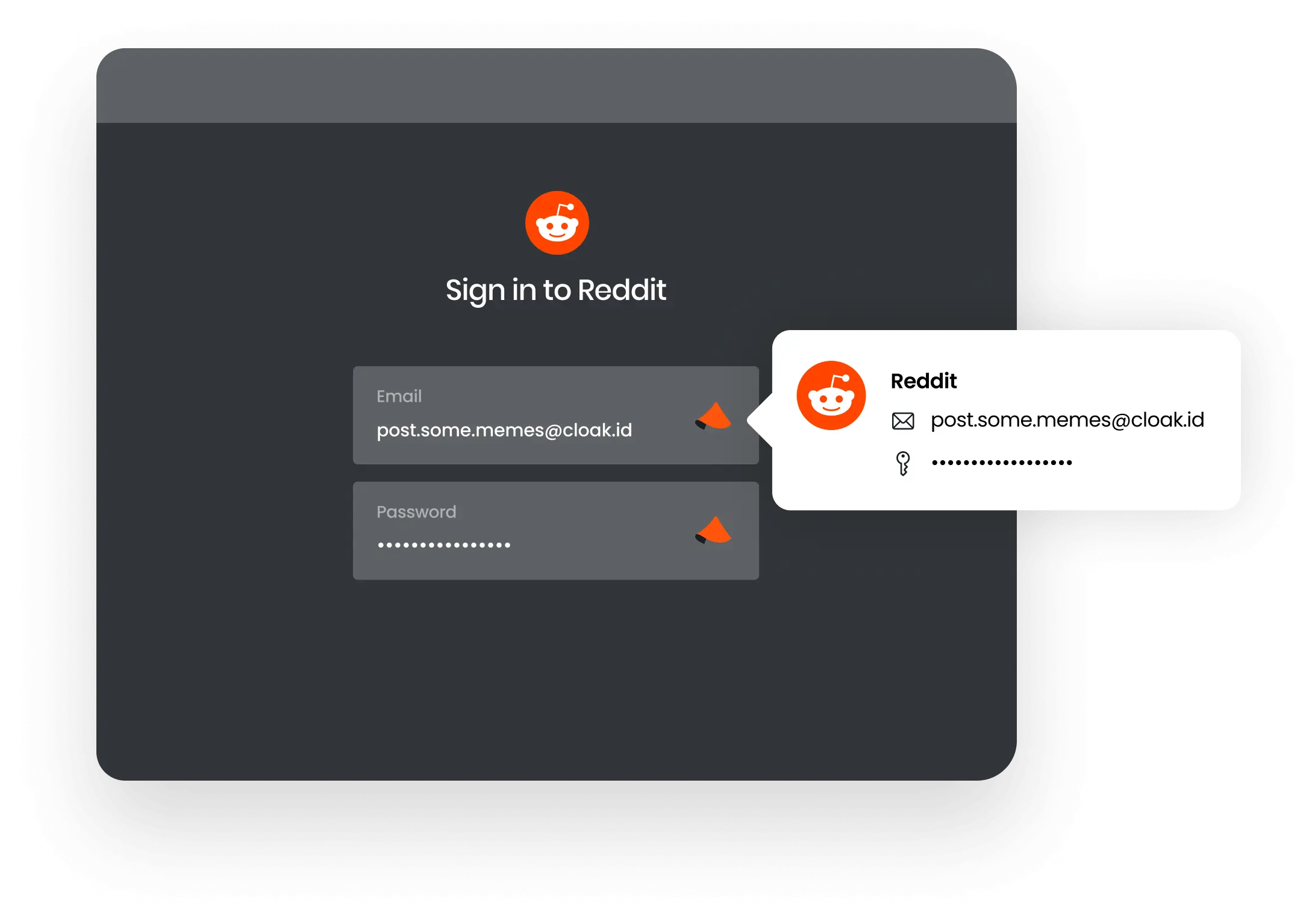 Reddit sign-in screen showing email post.some.memes@cloak.id and obscured password fields with a password manager suggestion popup.