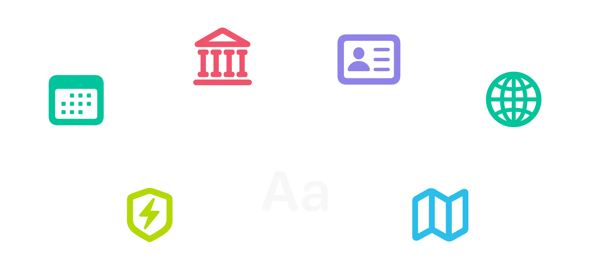 Seven colorful icons in white circles including a calendar, bank, ID card, globe, shield with lightning bolt, text 'Aa', and a folded map.