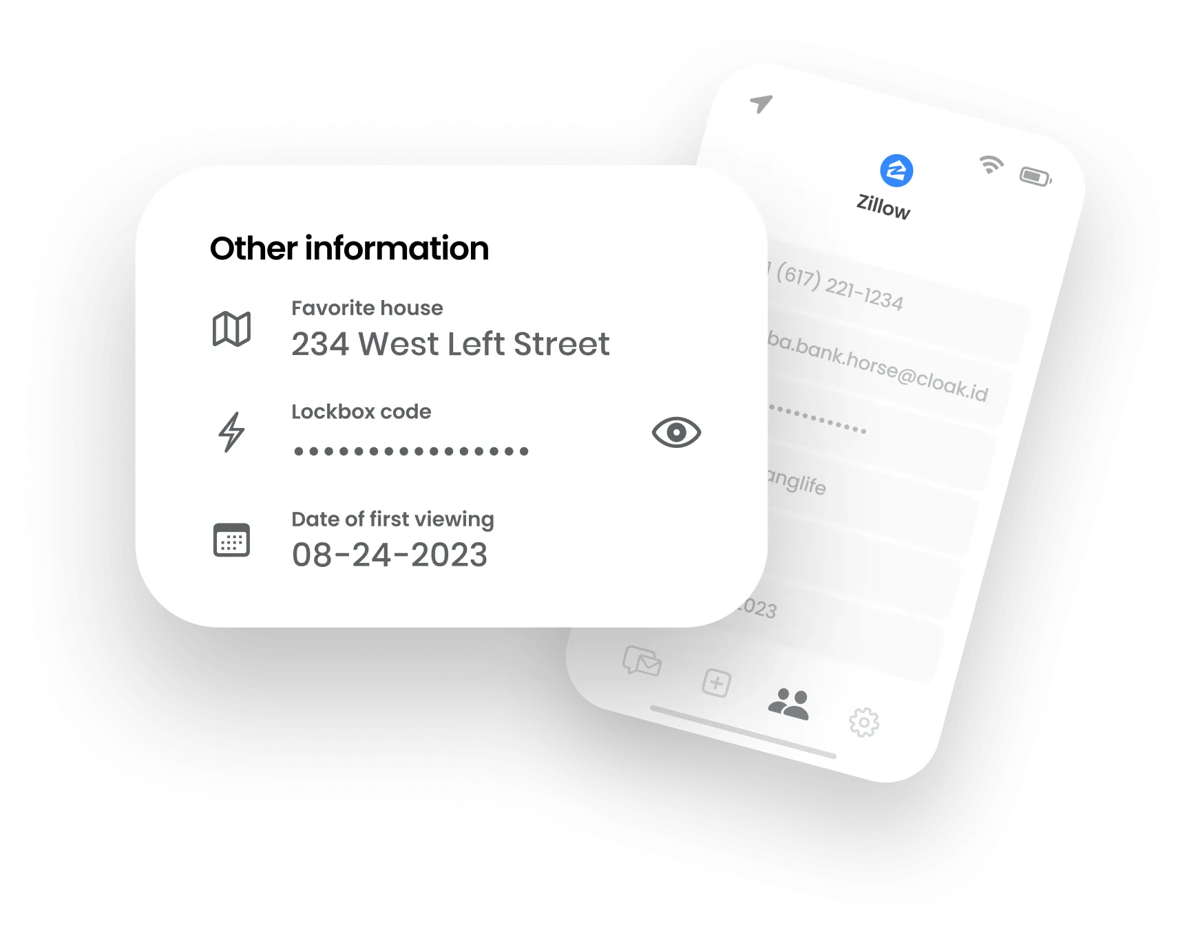 Screenshot of a mobile app screen showing favorite house address 234 West Left Street, obscured lockbox code, and first viewing date 08-24-2023.