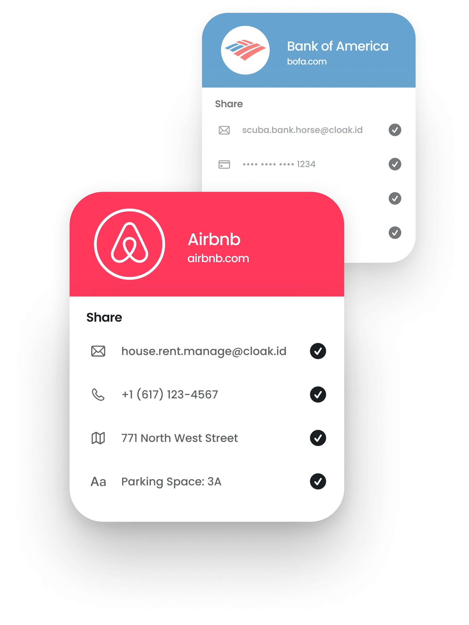 Two share information cards: Airbnb card showing email, phone, address, and parking space; Bank of America card showing email and masked card number.