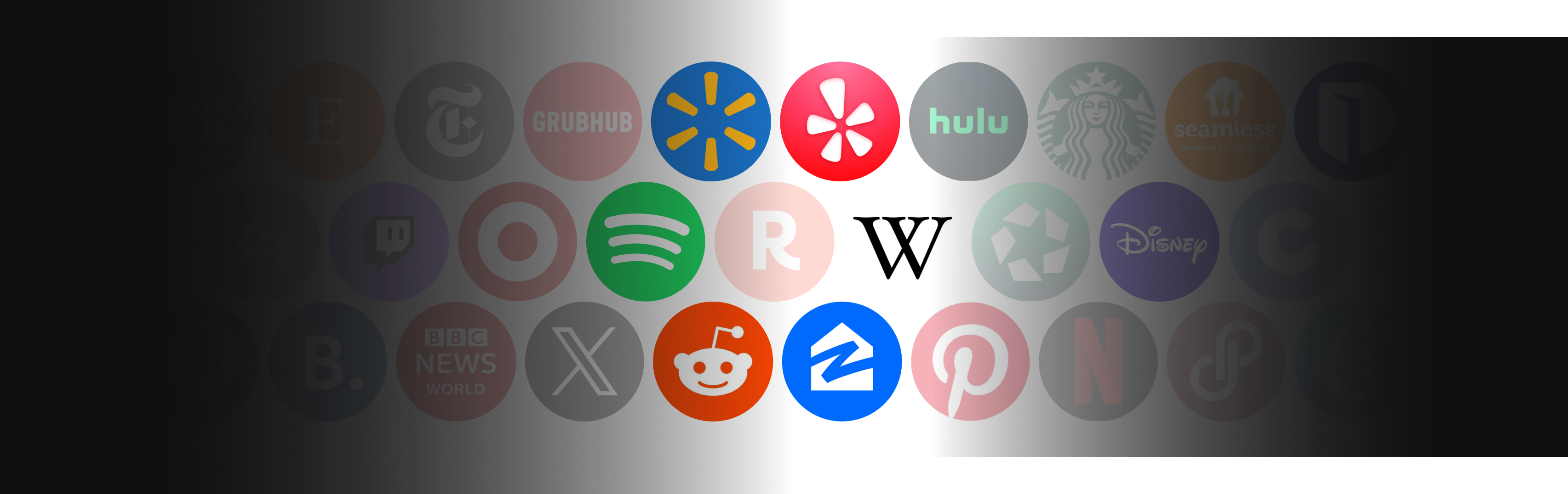 Collage of logos including Grubhub, Walmart, Yelp, Hulu, Starbucks, Seamless, Spotify, Reddit, Wikipedia, Disney, Pinterest, Netflix, and others on a black background.