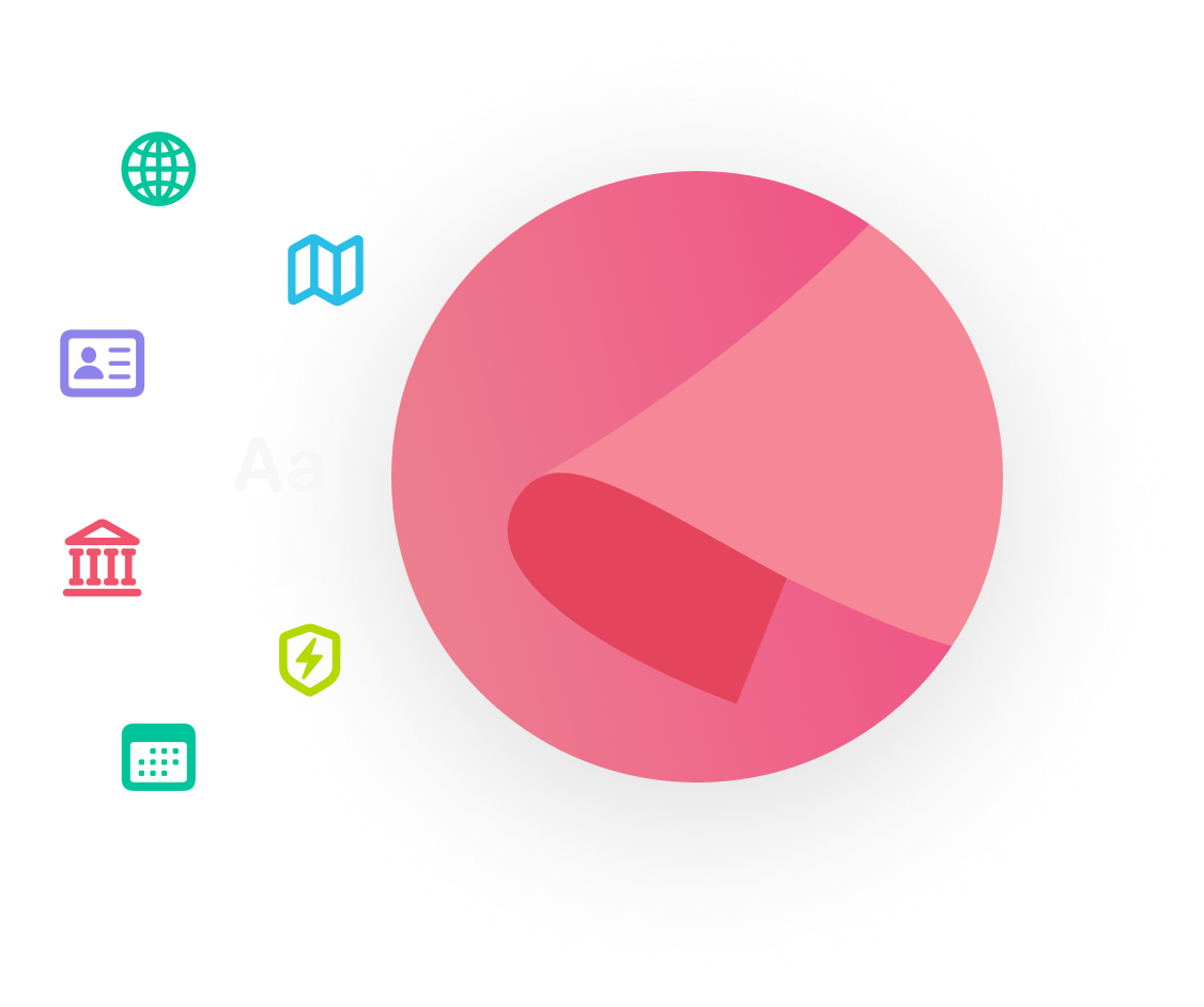 Circle with five smaller circles containing icons for globe, ID card, government building, calendar, and lightning shield arranged vertically on the left.