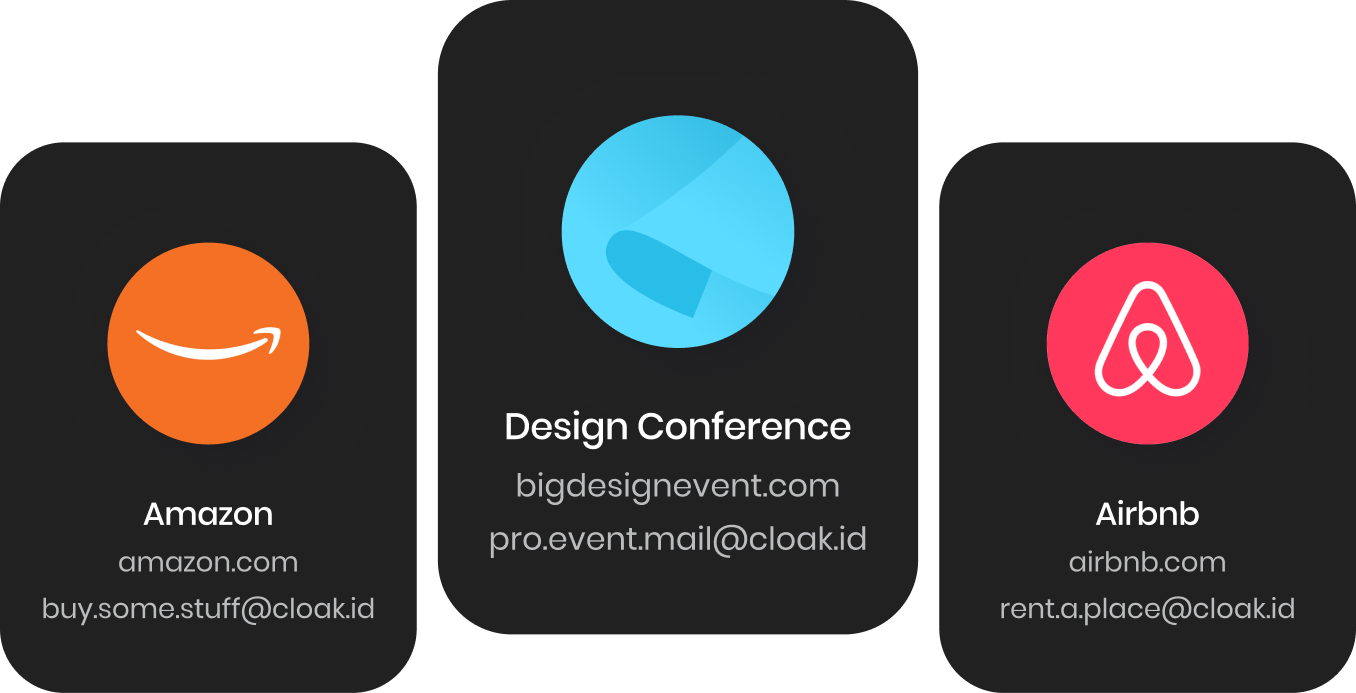 Three black blocks each showing a logo, website, and email: Amazon with orange logo, amazon.com, buy.some.stuff@cloak.id; Design Conference with blue logo, bigdesignevent.com, pro.event.mail@cloak.id; Airbnb with red logo, airbnb.com, rent.a.place@cloak.id.