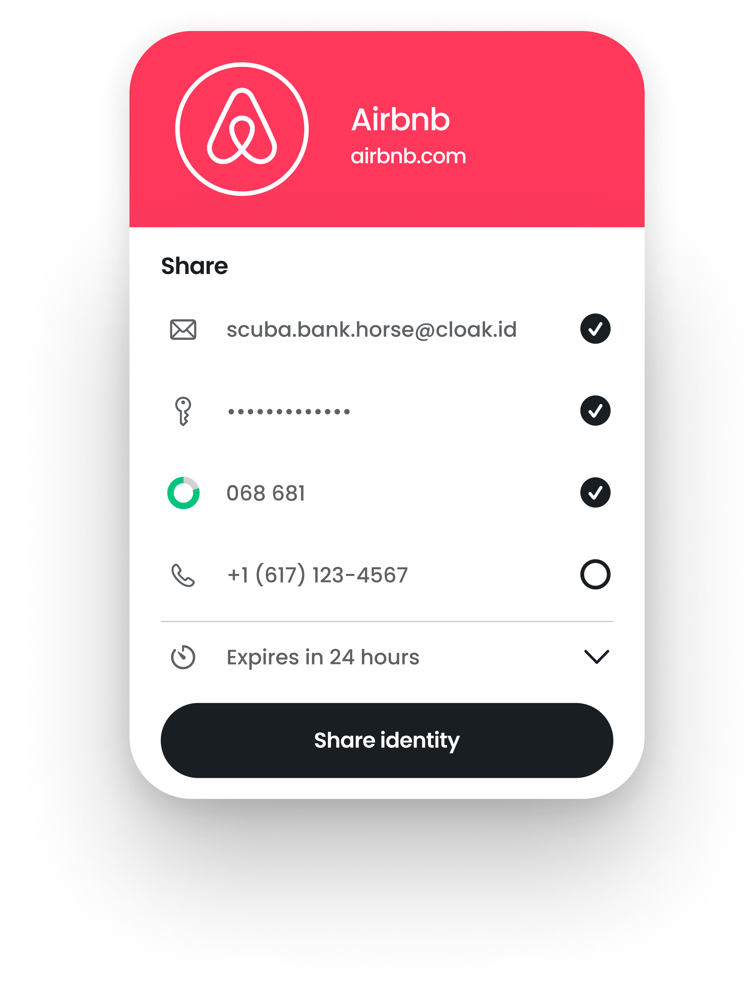 Airbnb share identity interface showing email scuba.bank.horse@cloak.id, password hidden, code 068 681, phone +1 (617) 123-4567, expiring in 24 hours.