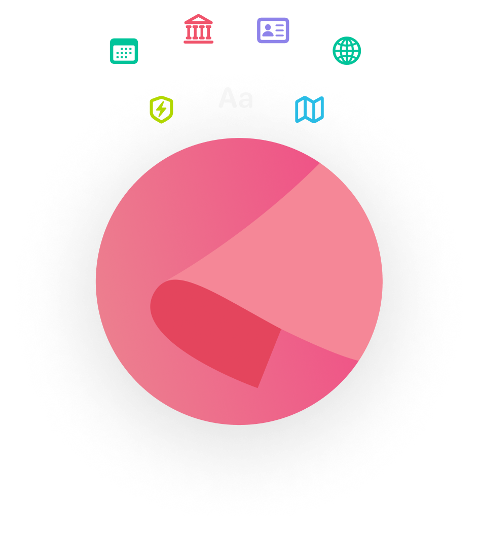 Pink circular pie chart with six small round icons above, representing calendar, government building, ID card, globe, shield with lightning bolt, and map.