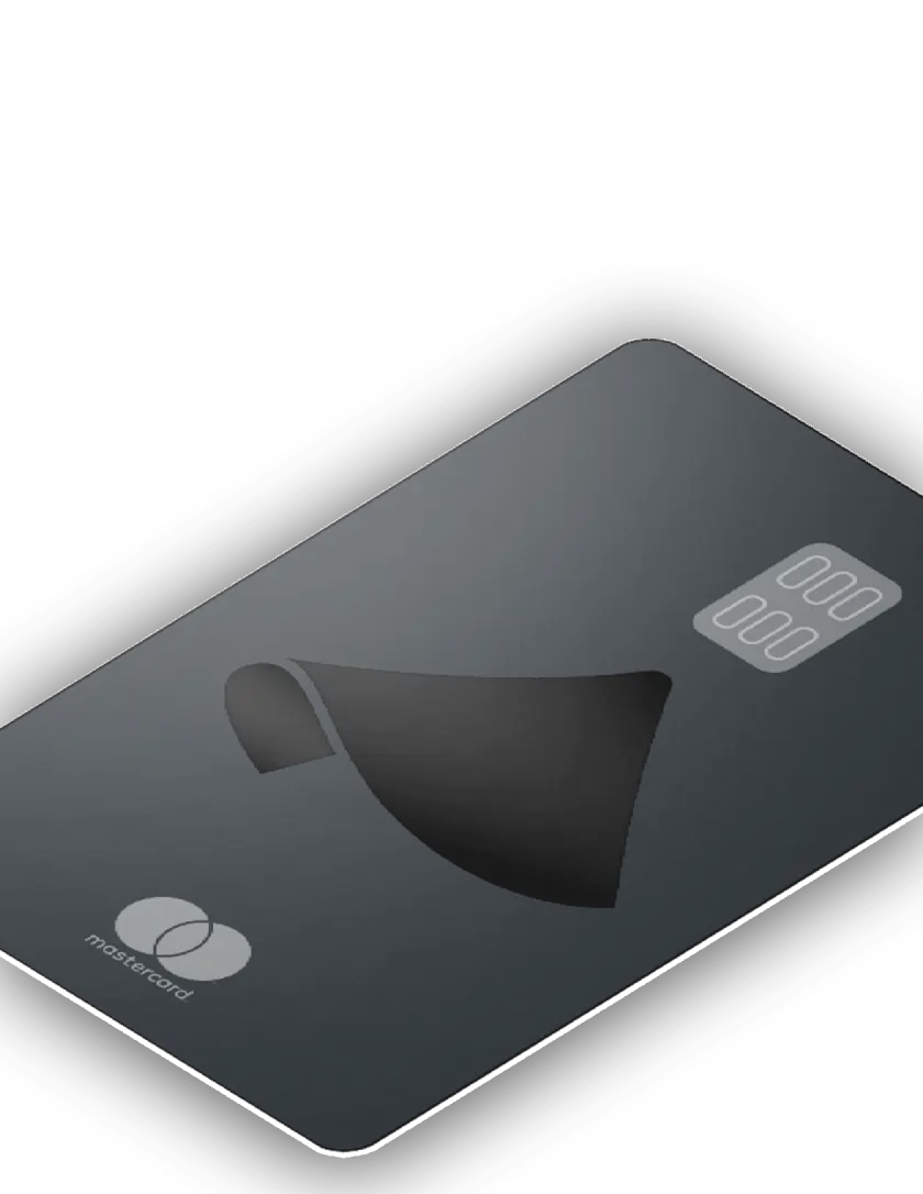 Black Mastercard credit card with a minimalist cloak-shaped design in the center and a silver chip in the upper right corner.