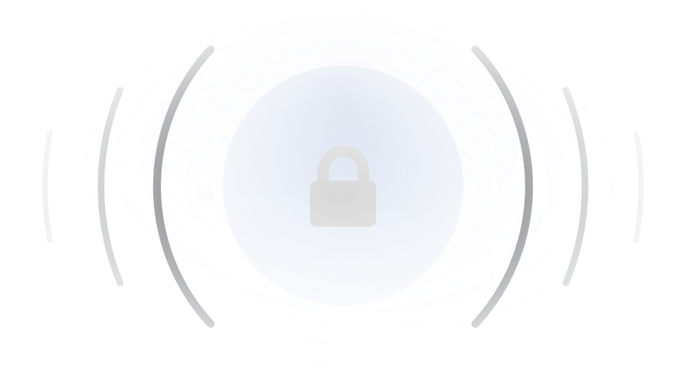 Gray lock icon centered within a glowing blue sphere with concentric circular waves around it.