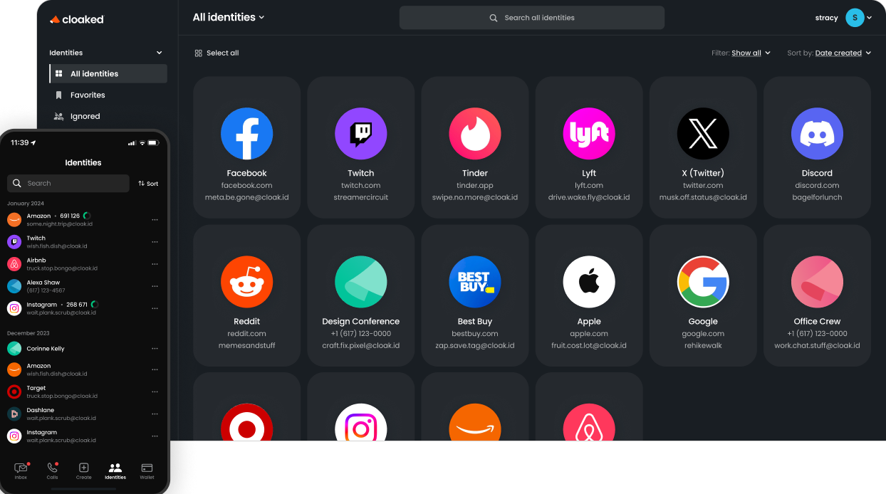 User interface of Cloaked app showing a grid of identity cards for services like Facebook, Twitch, Tinder, Lyft, X, Discord, Reddit, Design Conference, Best Buy, Apple, Google, and Office Crew, with a sidebar menu and a mobile view displaying a list of identities with details.