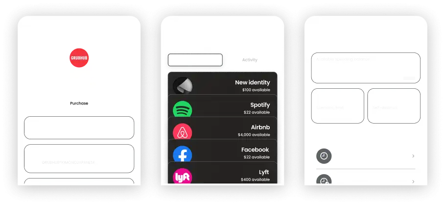Three mobile app screens side-by-side showing a Grubhub payment interface, an activity list with available balances for services like Spotify, Airbnb, Facebook, and Lyft, and a rewards earnings overview screen.