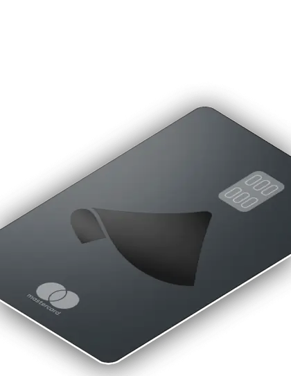 Black credit card with a minimalist design featuring a curved cutout and a Mastercard logo.