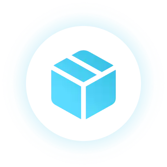 Blue icon of a closed cardboard box inside layered glowing blue circles.